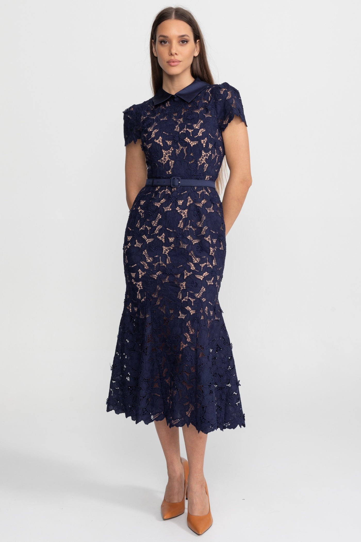 Lace Midi Dress with Belted Waist and Collared Neckline – Navy