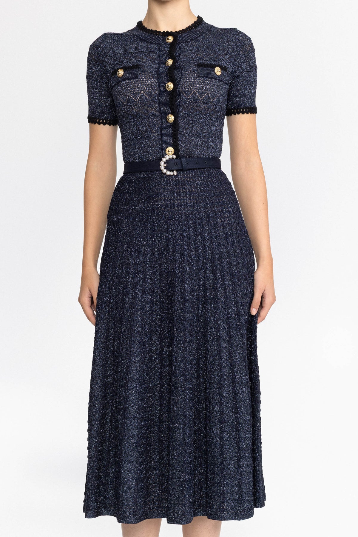 Rochie midi din tricot pointelle metalizat cu cordon - bleumarin 