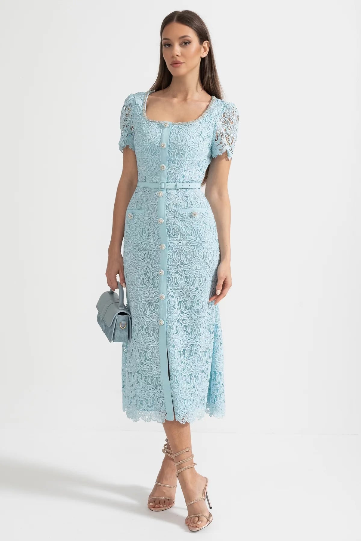 Delicate Azure Lace Midi Dress - Baby Blue