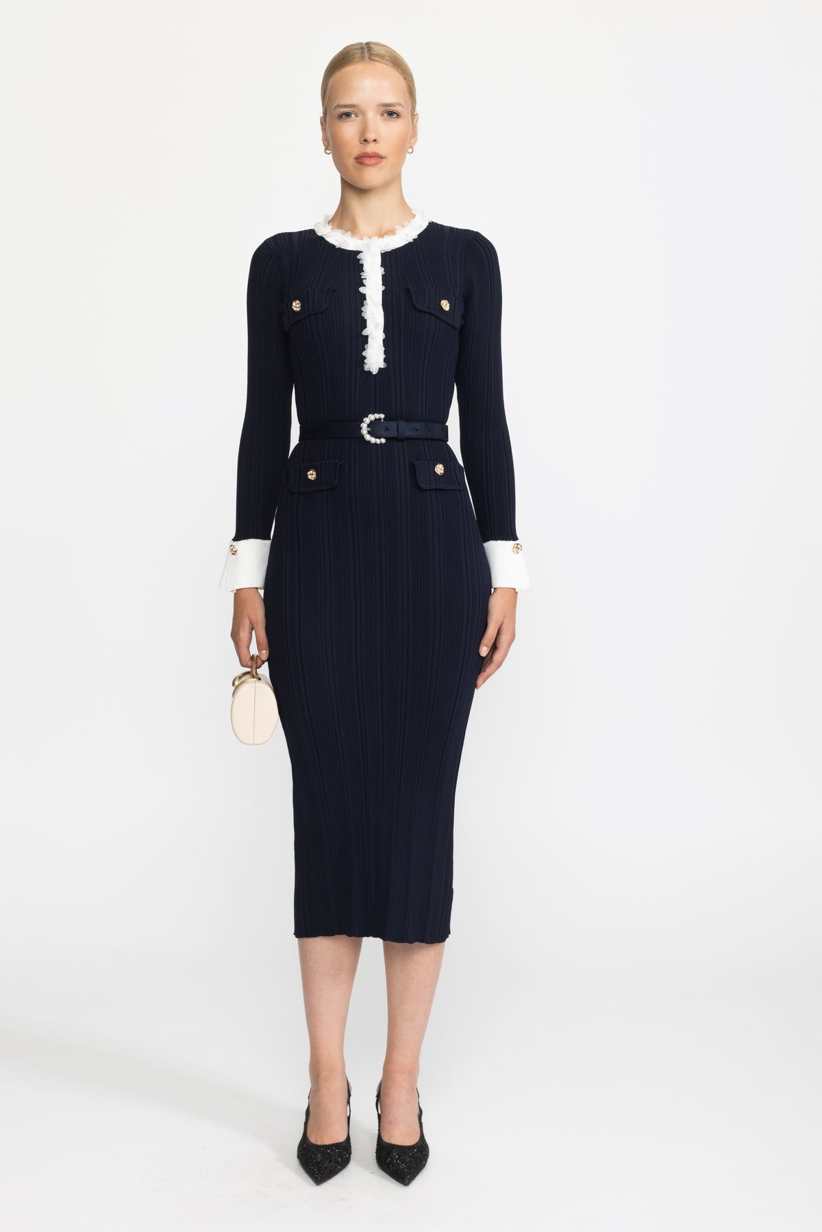 Organza Ruffle Trim Rib Knit Belted Midi Dress - Navy
