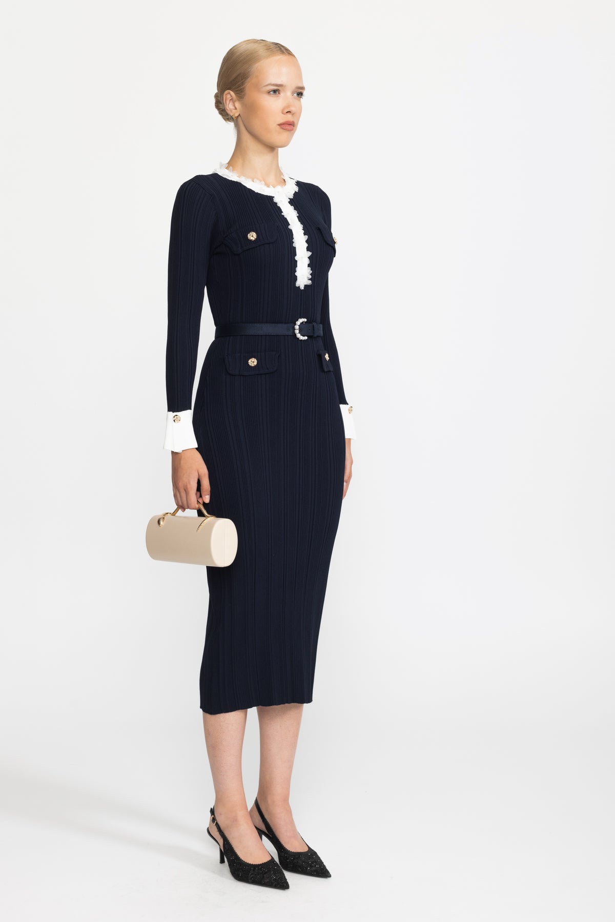Organza Ruffle Trim Rib Knit Belted Midi Dress - Navy