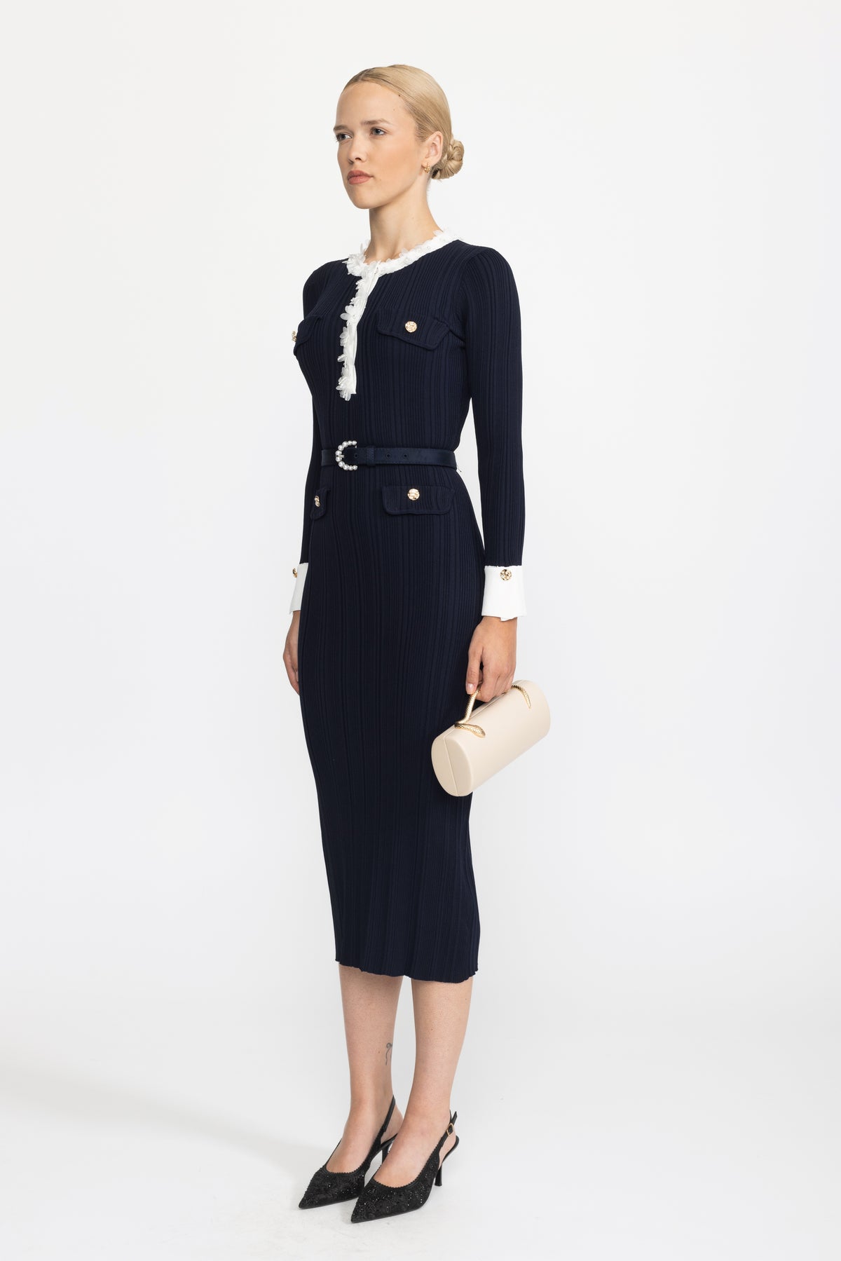 Organza Ruffle Trim Rib Knit Belted Midi Dress - Navy