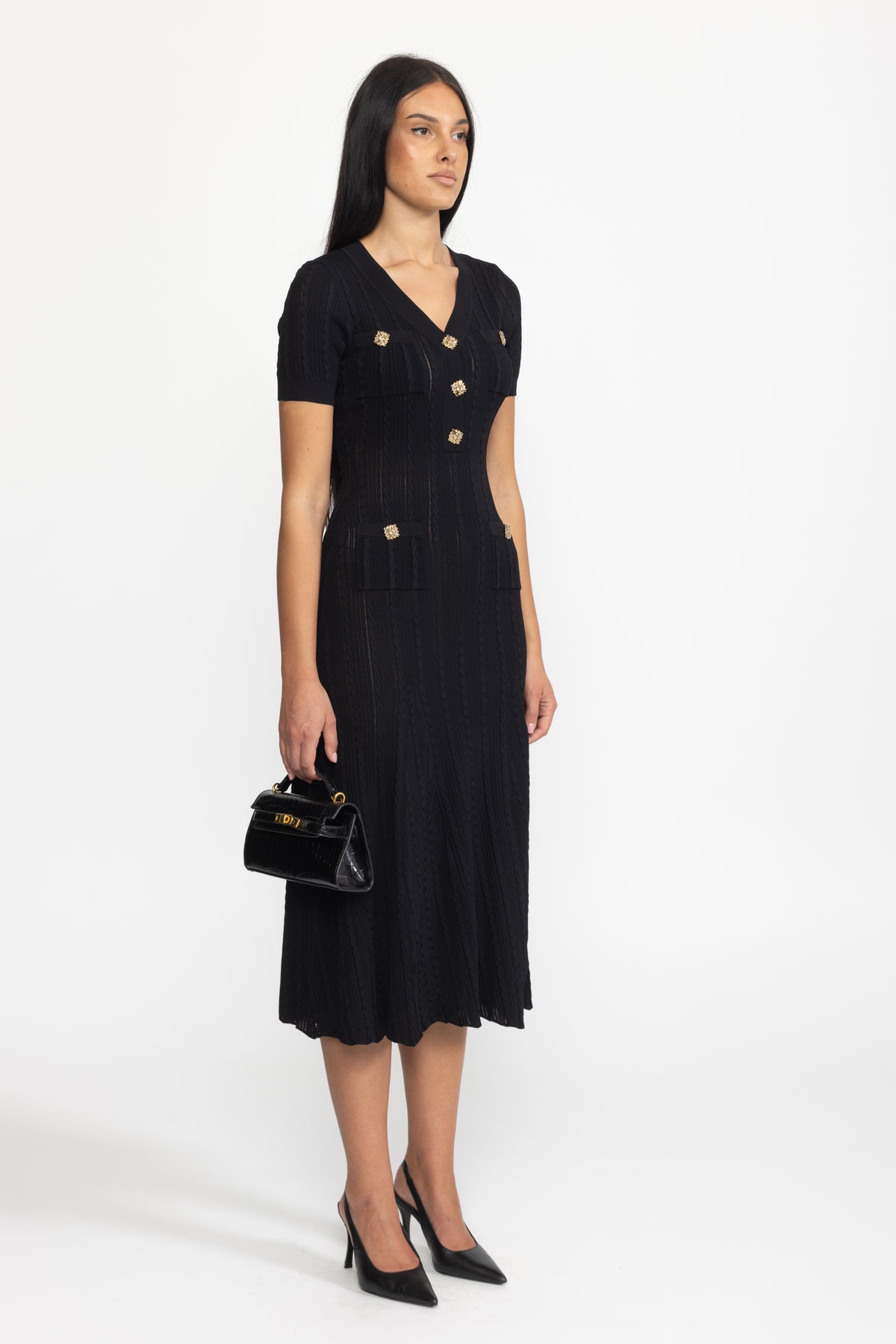 Rochie midi din tricot torsadat cu nasturi-bijuterie - negru 