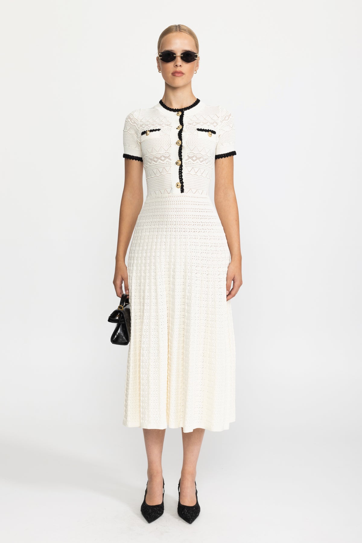 Rochie midi din tricot pointelle cu cordon - Ivoire 