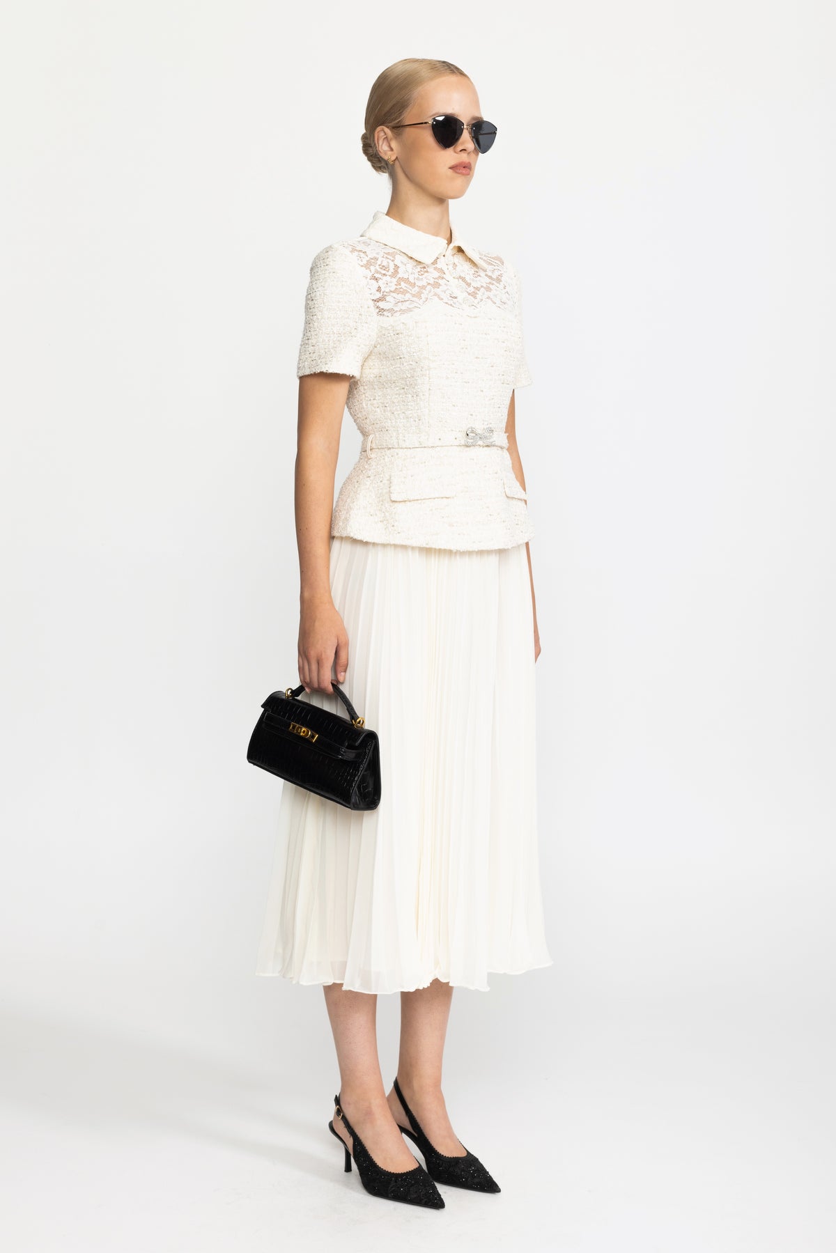 Lace Yoke Tweed Peplum Dress with Pleated Skirt - Ivoire