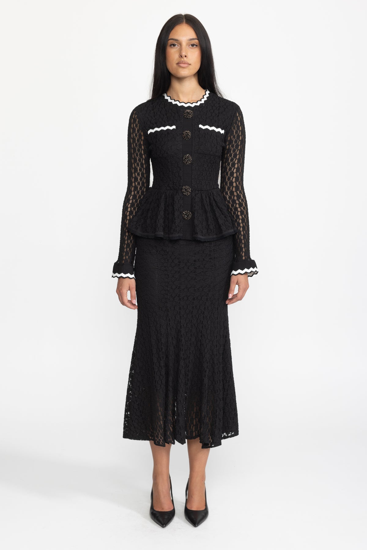 Rochie midi din tricot croșetat cu peplum și bordură ric-rac - negru 