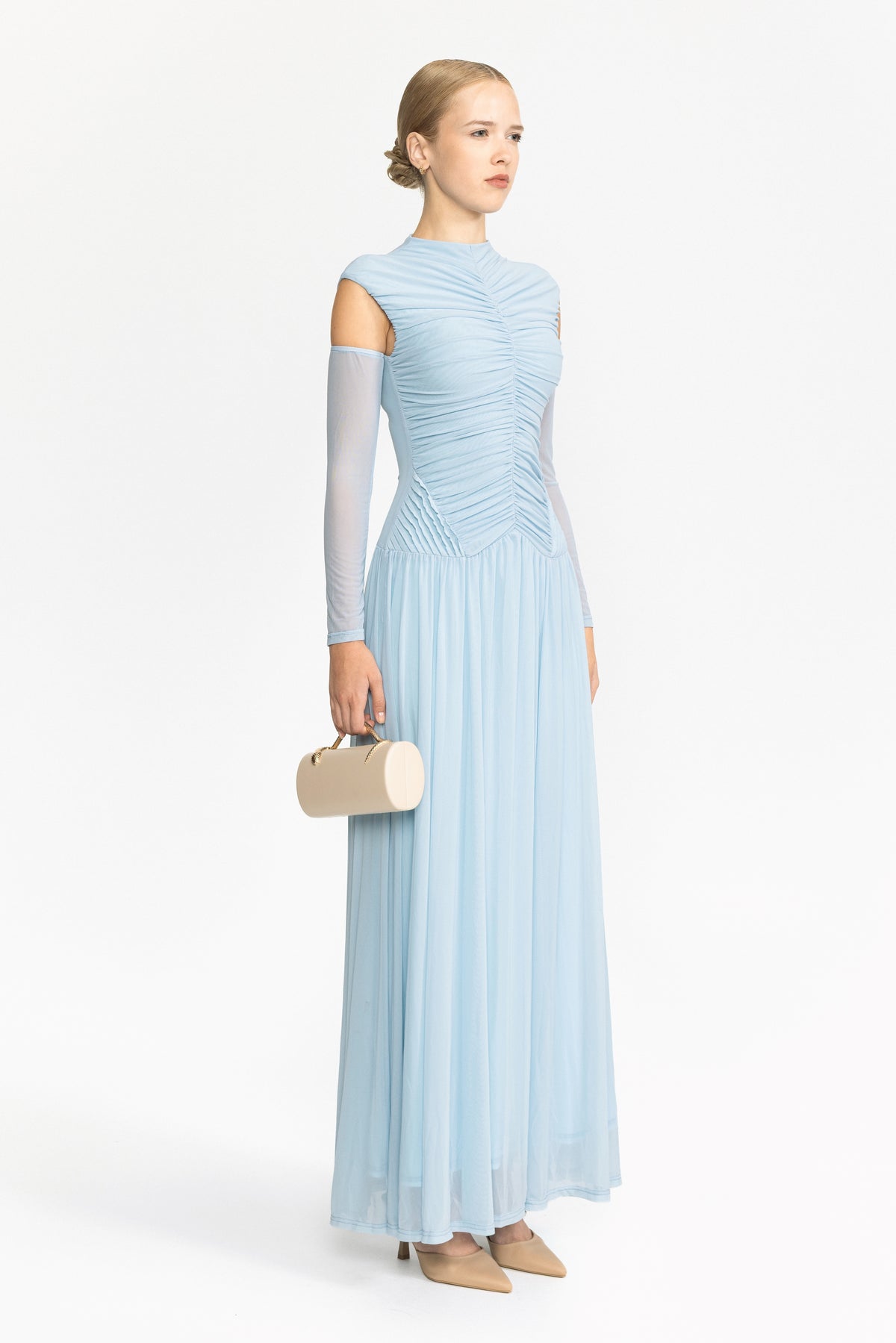 Rochie maxi din mesh drapat, cu talie joasă - albastru ciel 
