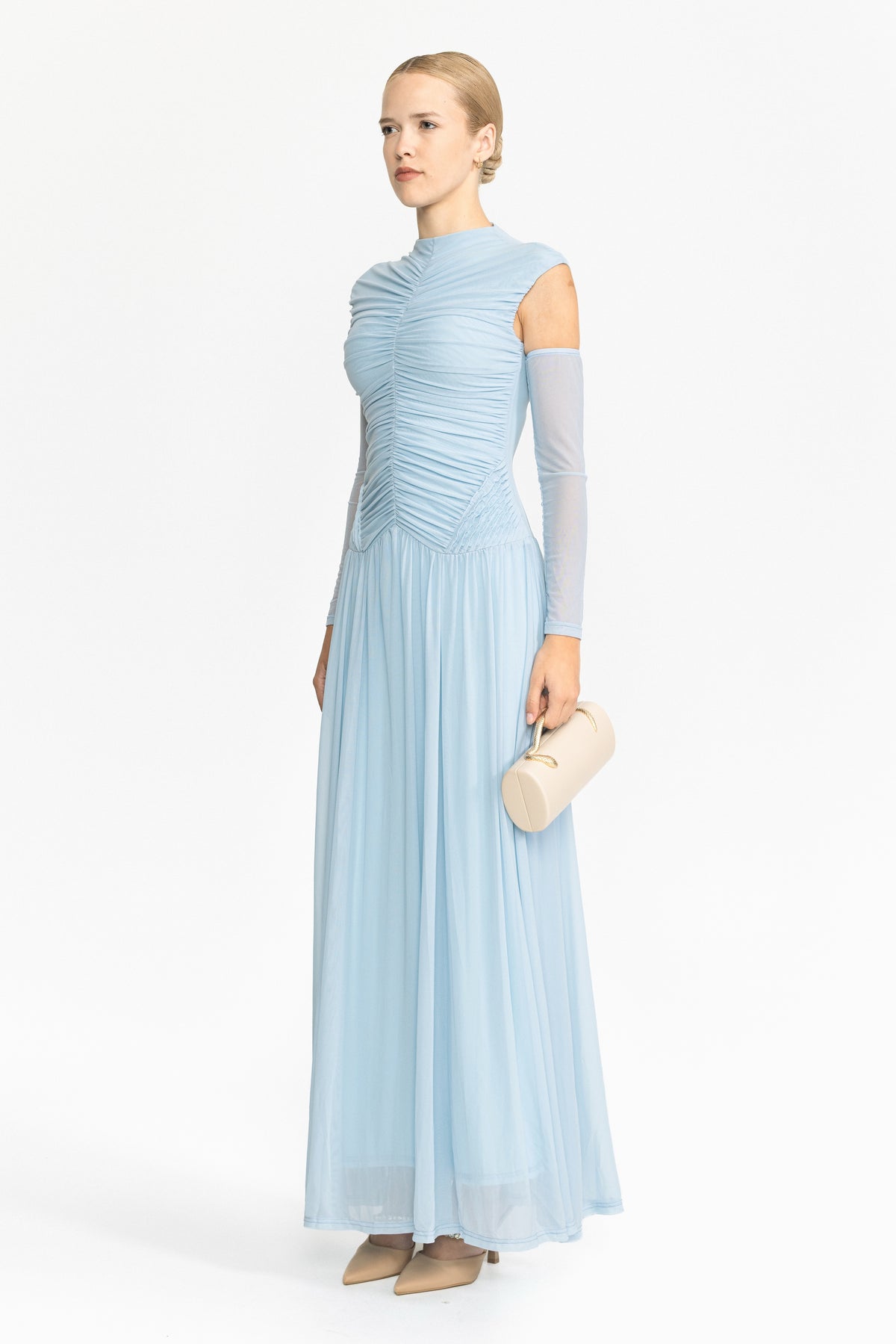Rochie maxi din mesh drapat, cu talie joasă - albastru ciel 
