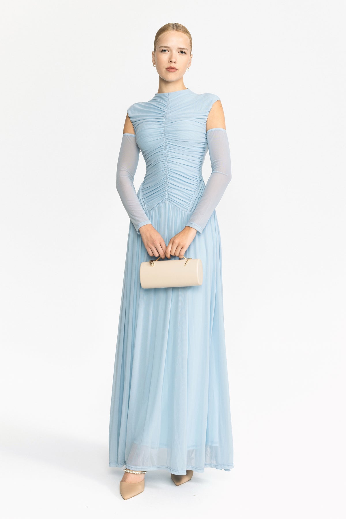 Rochie maxi din mesh drapat, cu talie joasă - albastru ciel 