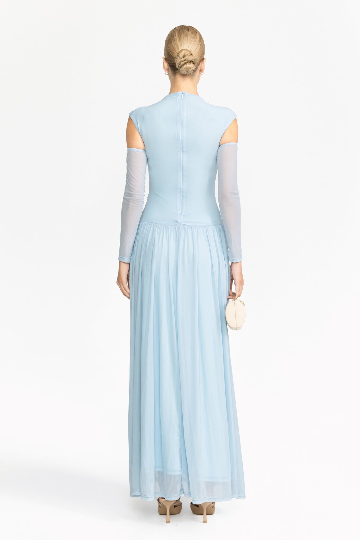 Rochie maxi din mesh drapat, cu talie joasă - albastru ciel 