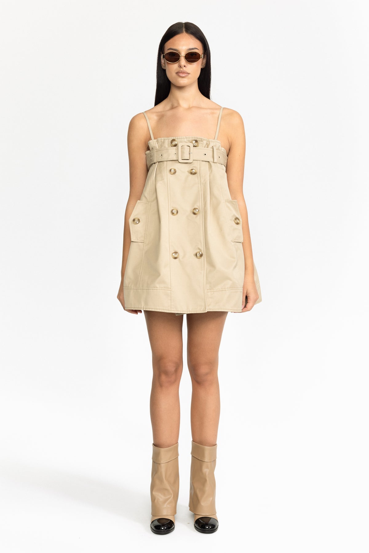 Rochie mini babydoll tip trench, cu cordon - khaki 