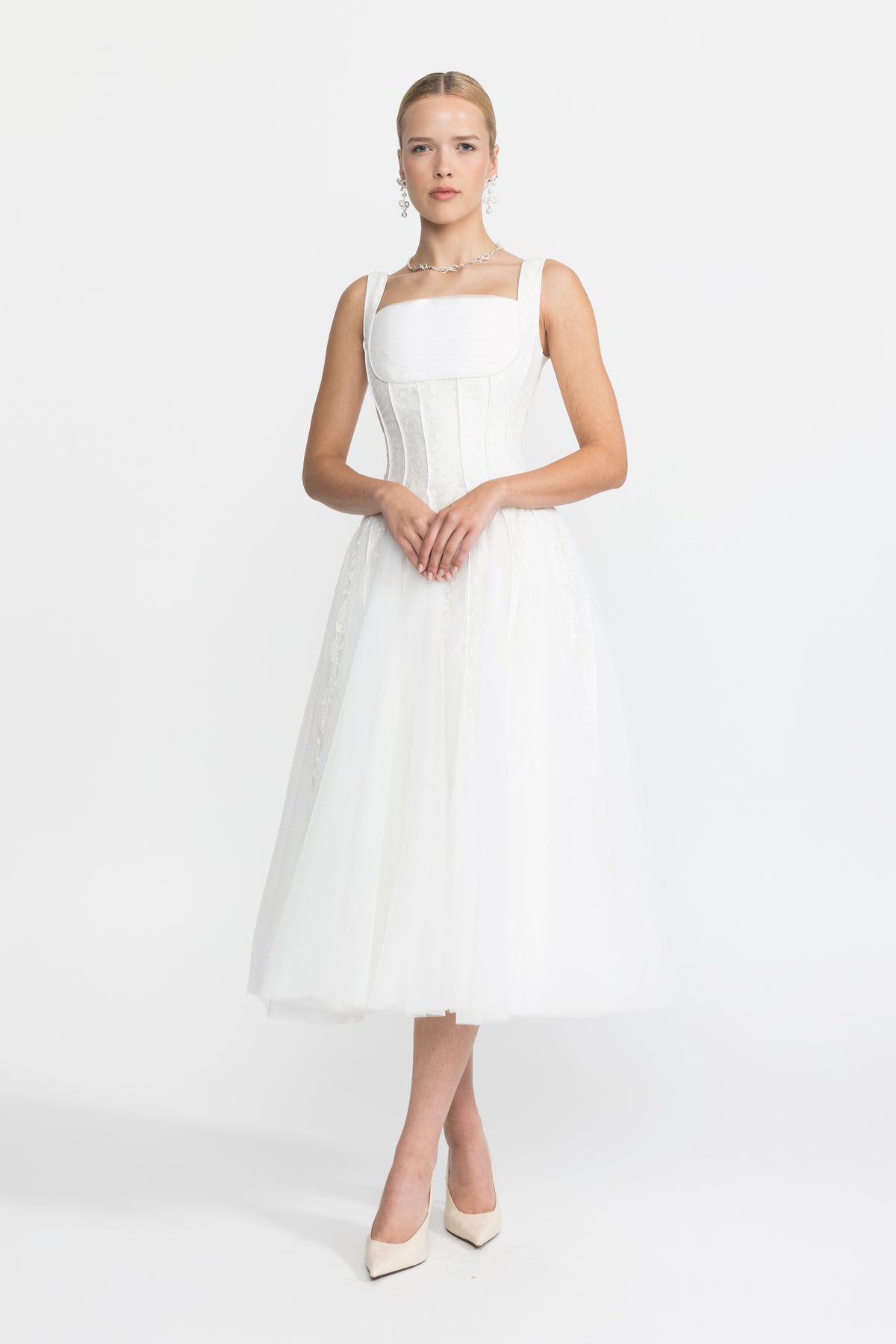 Lace Panel Corset Tulle Midi Dress - White