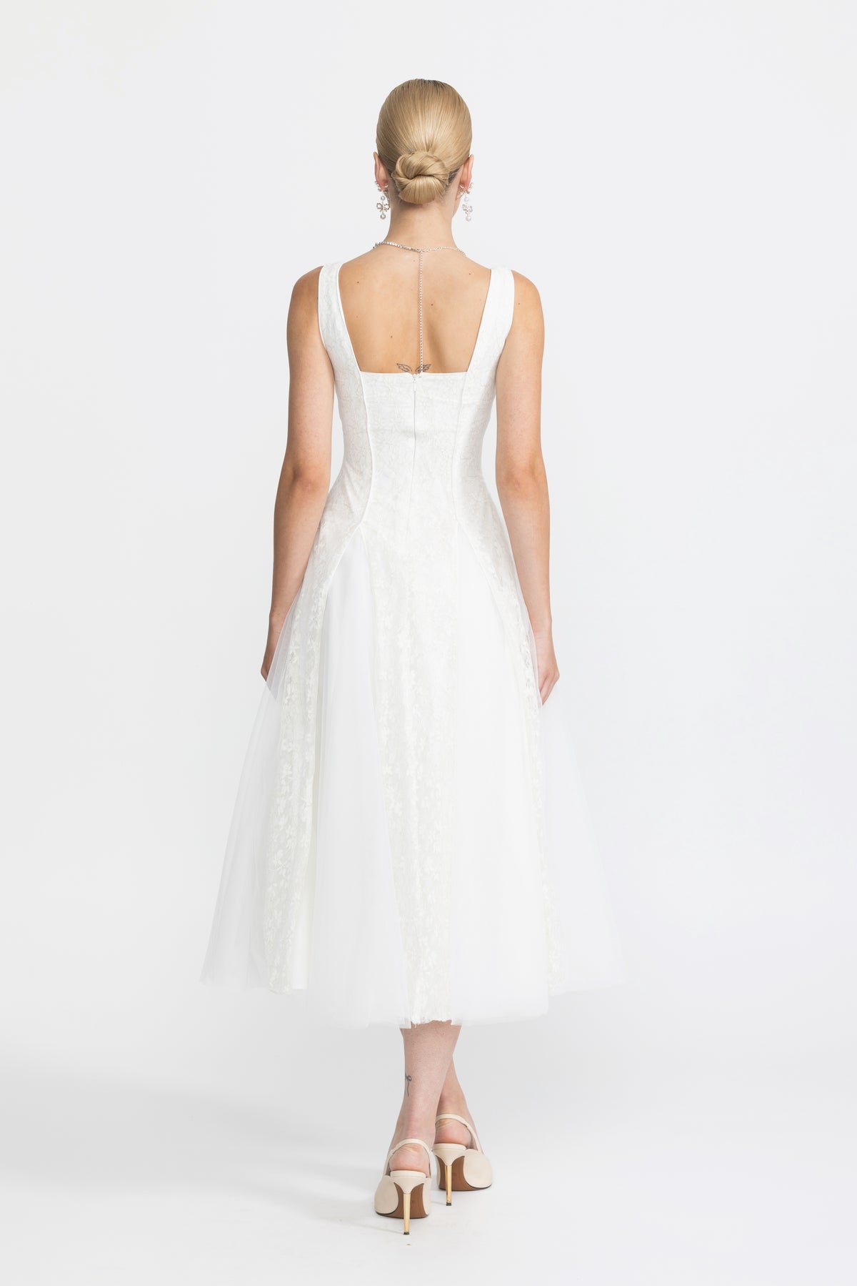 Lace Panel Corset Tulle Midi Dress - White