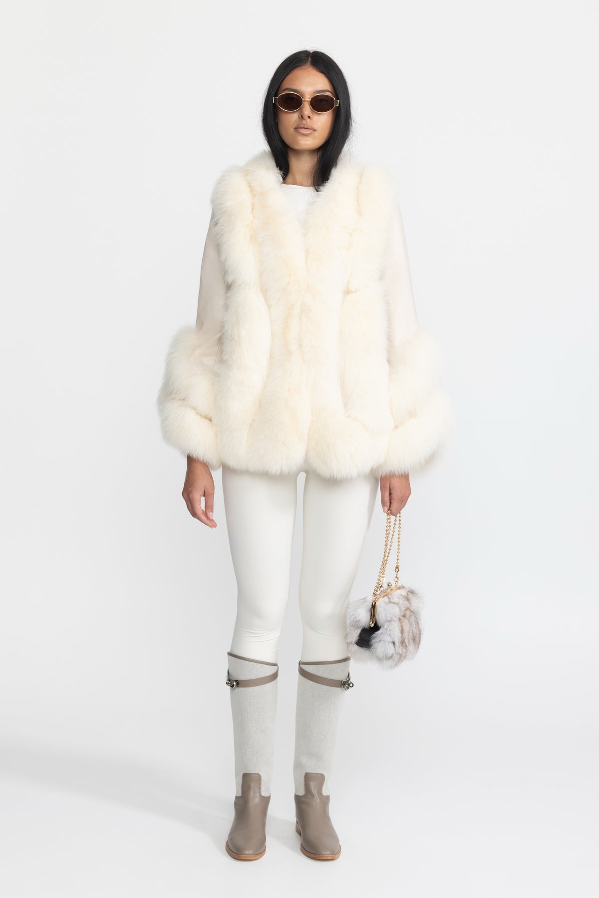 Jachetă shearling cu panouri din blană de vulpe - Ivoire 