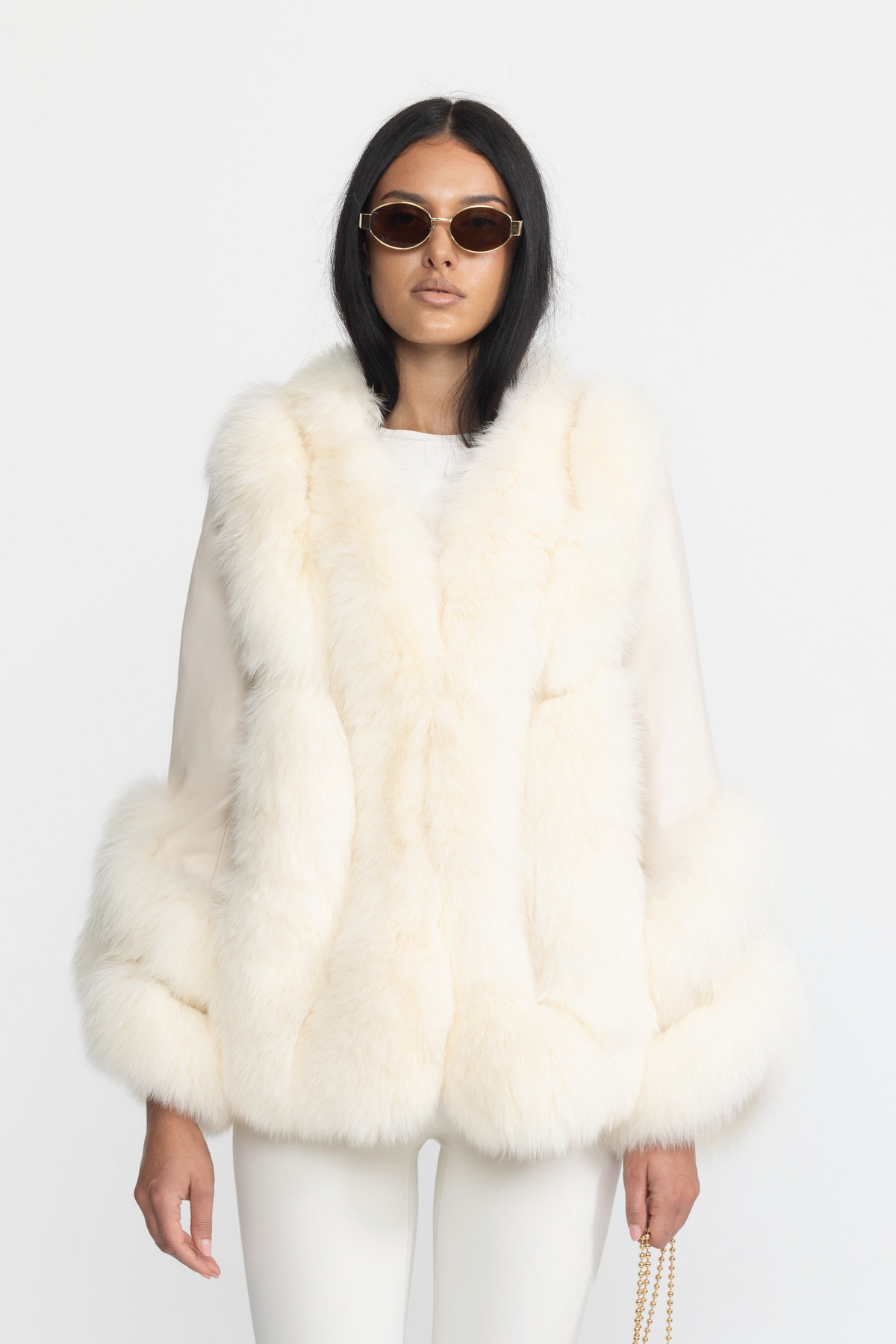 Jachetă shearling cu panouri din blană de vulpe - Ivoire 