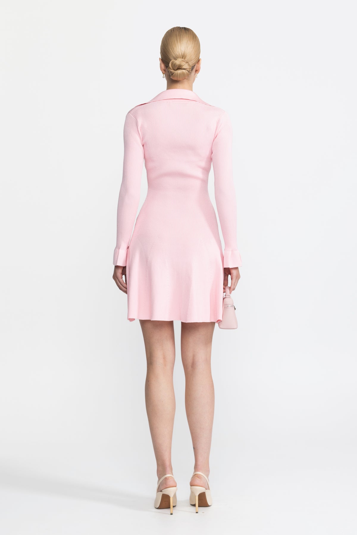 Tie Collar Rib Knit Mini Dress with Pearl Buttons - Pink
