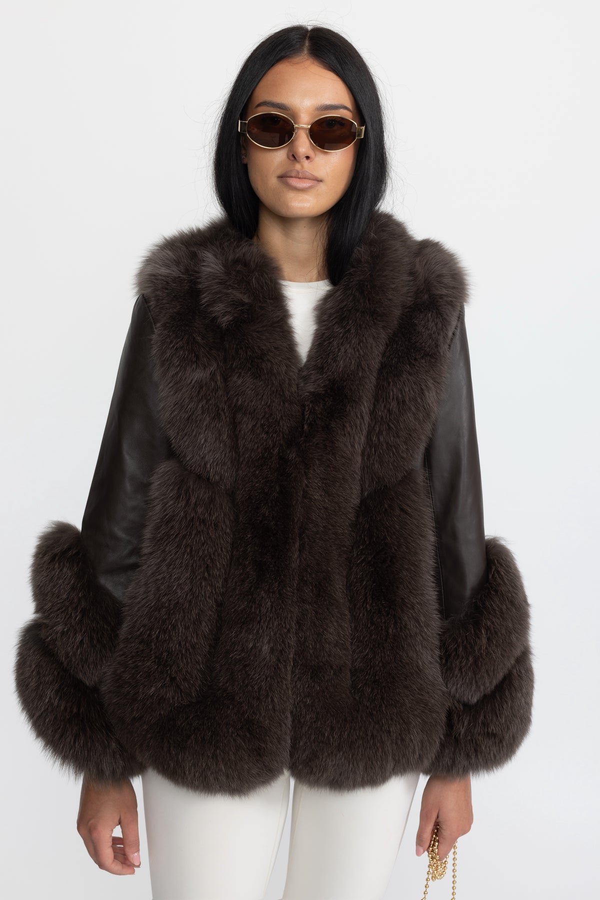 Jachetă shearling cu panou din blană de vulpe - Chocolate 