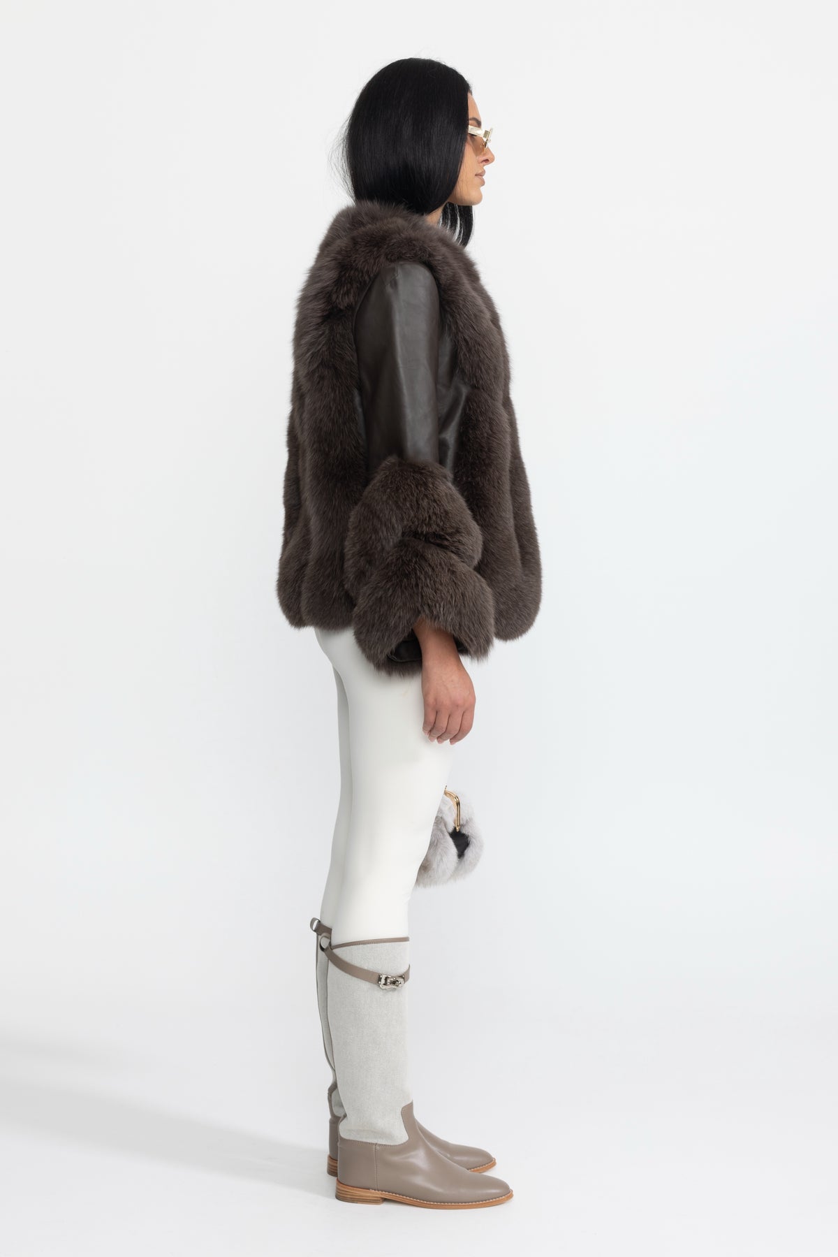 Jachetă shearling cu panou din blană de vulpe - Chocolate 