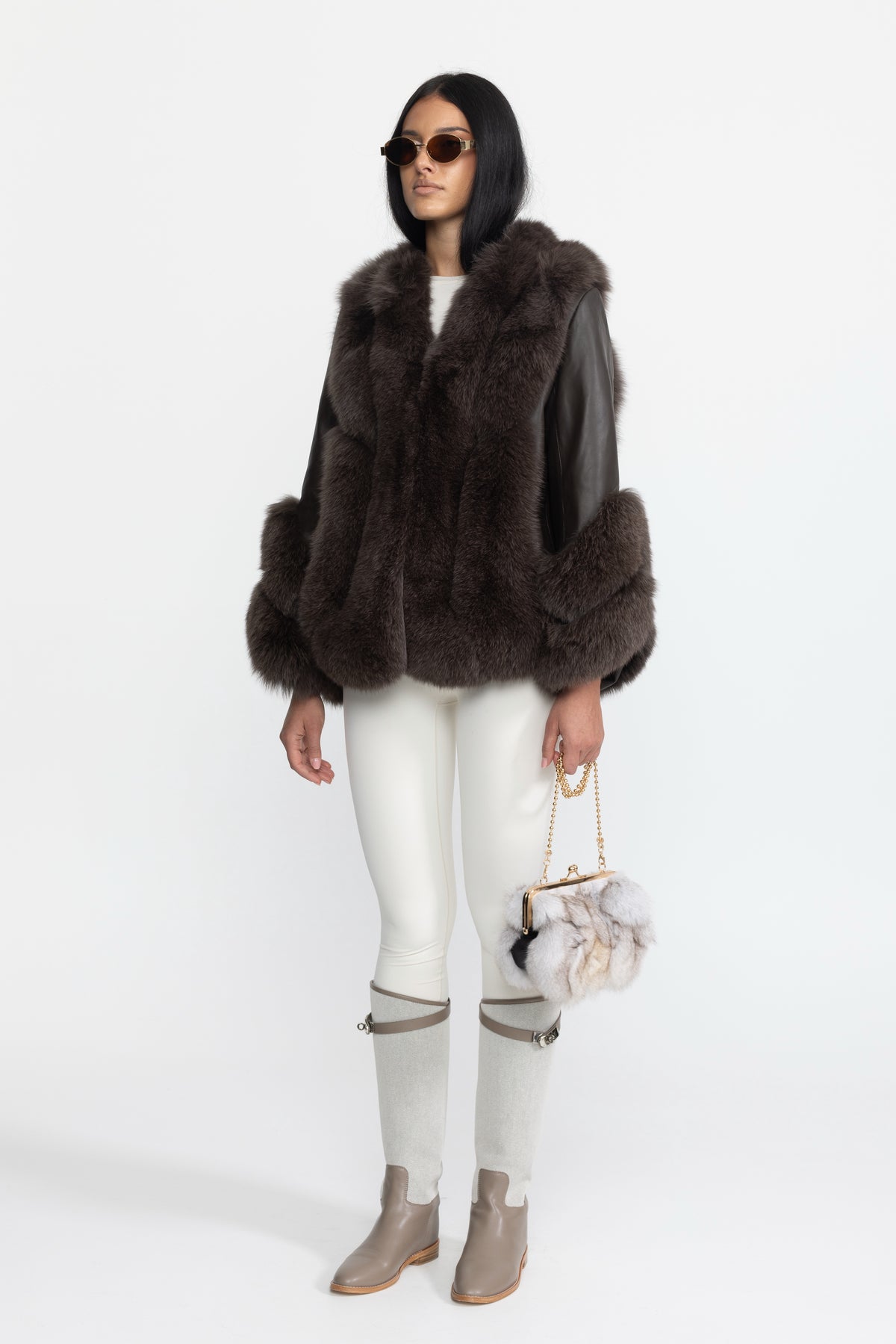 Jachetă shearling cu panou din blană de vulpe - Chocolate 