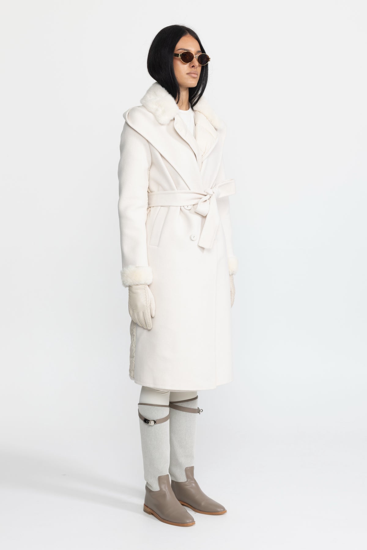 Quilted Back Hooded Wool Wrap Coat with Mink Fur - Ivoire