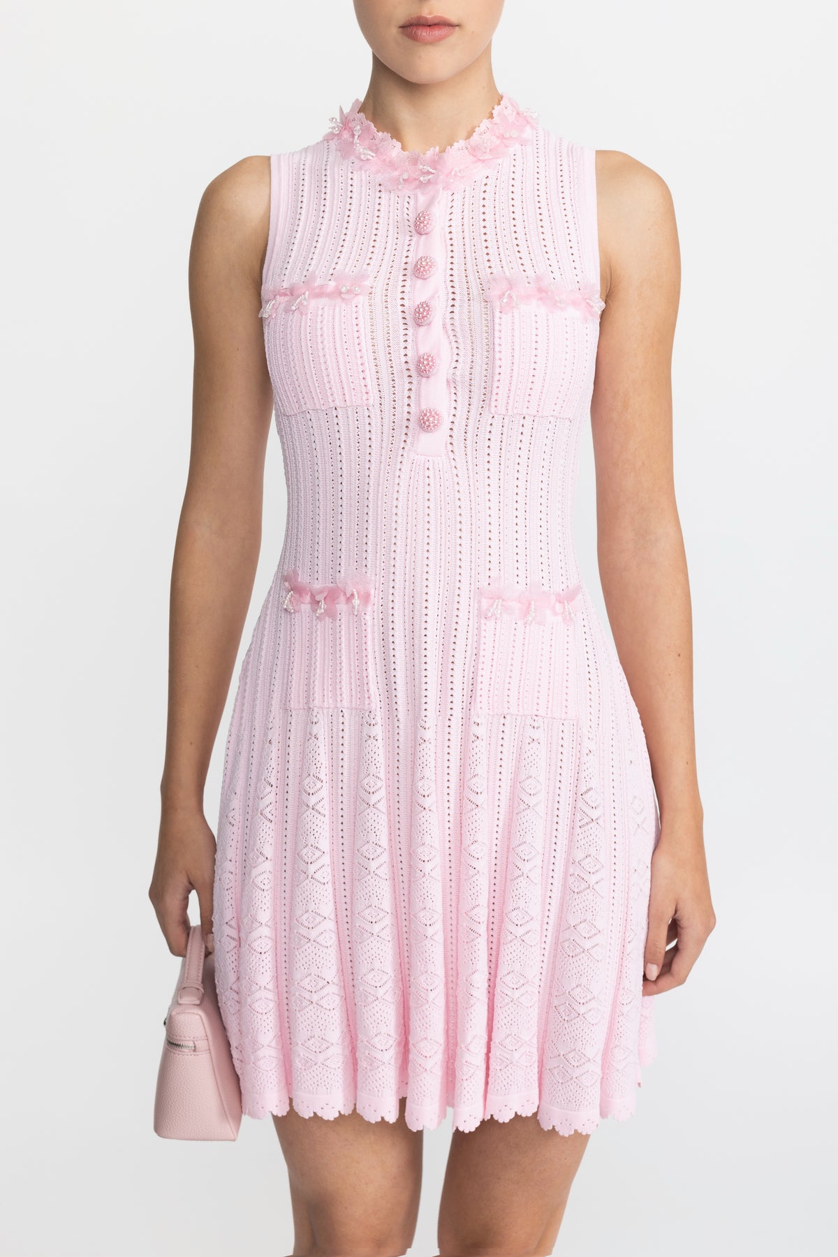 Rochie mini tricotată pointelle cu aplicații florale din organza - Roz 