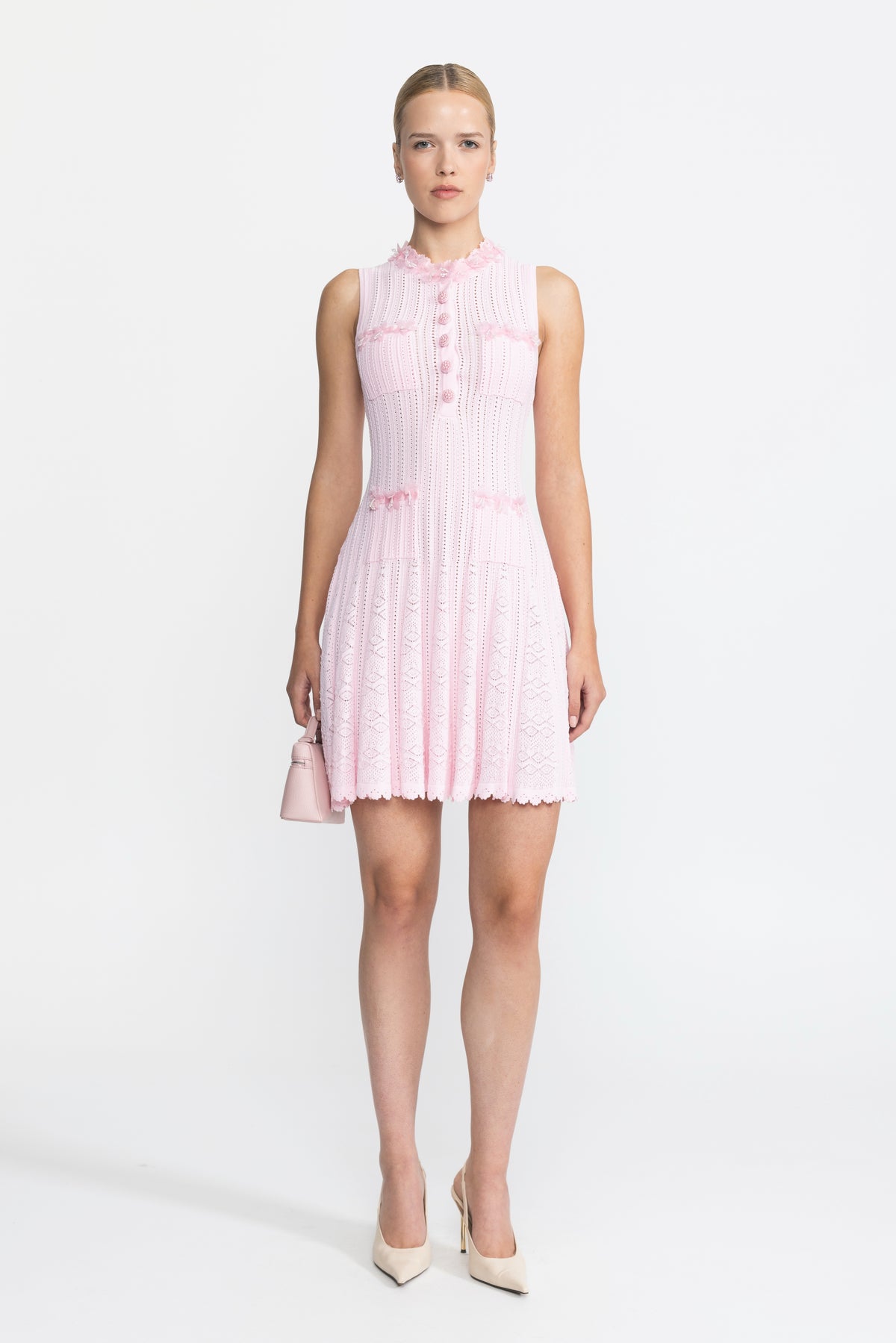 Rochie mini tricotată pointelle cu aplicații florale din organza - Roz 