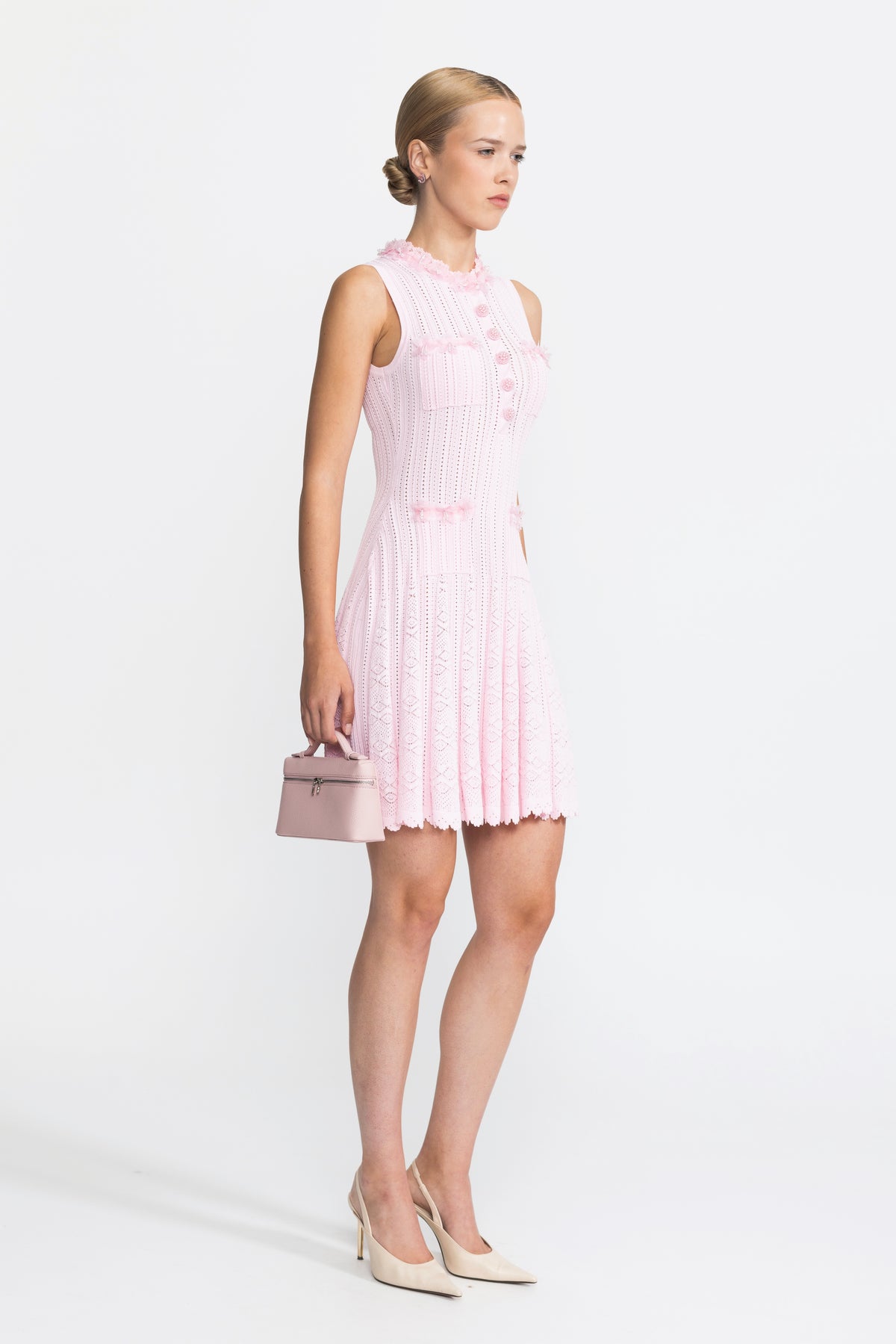 Rochie mini tricotată pointelle cu aplicații florale din organza - Roz 
