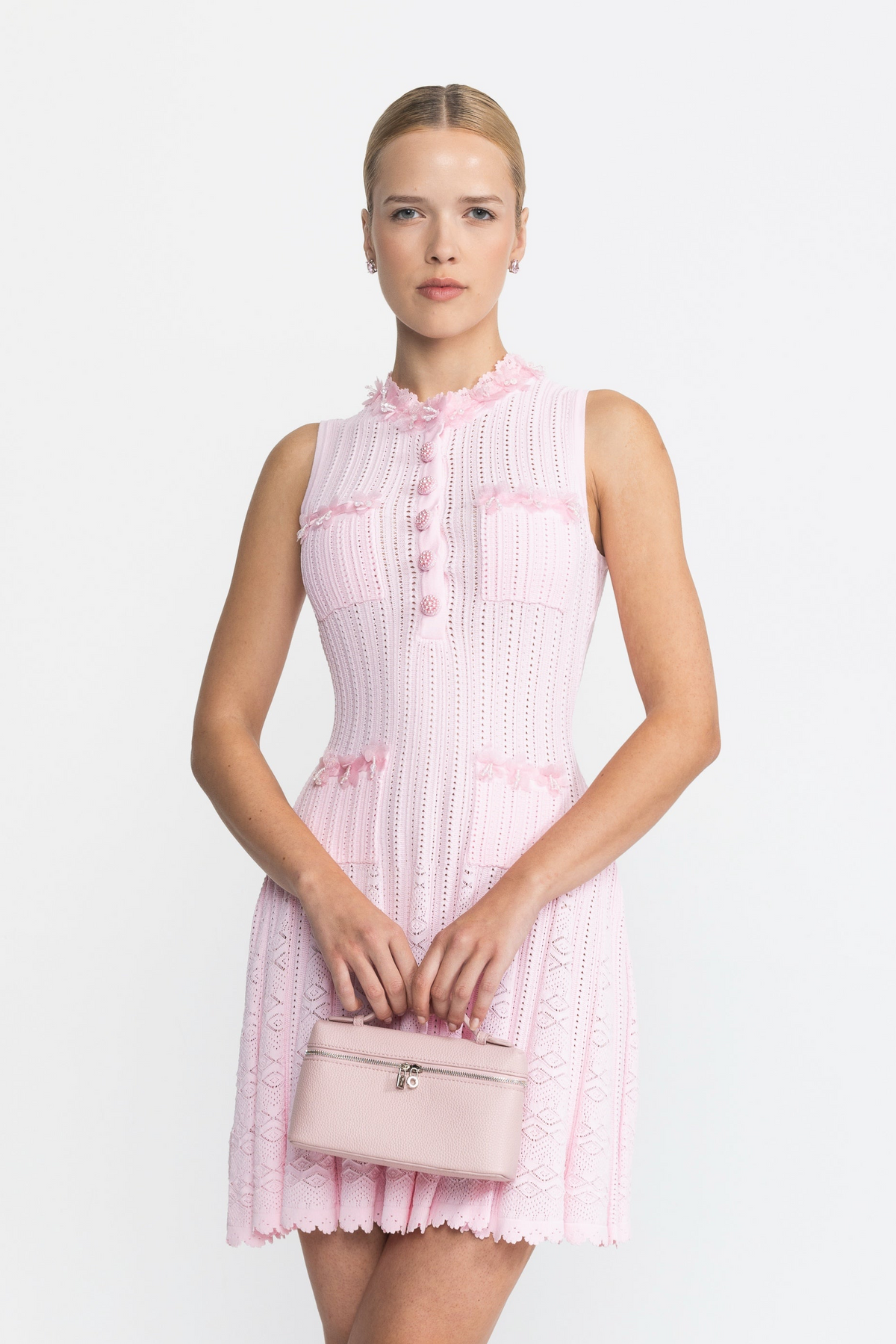 Rochie mini tricotată pointelle cu aplicații florale din organza - Roz 