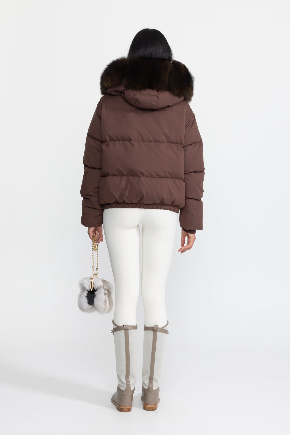 Fox Fur Hood Cropped Down Puffer Jacket - Chocolate