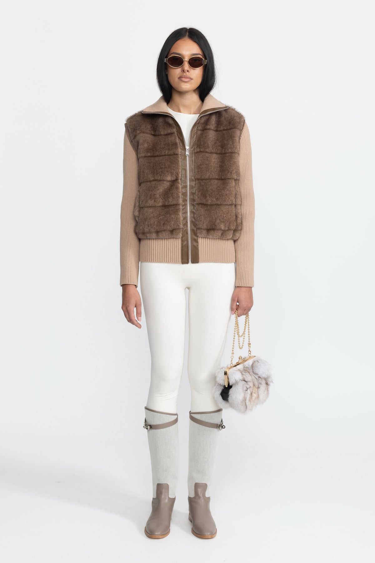 Jachetă cu fermoar și mâneci tricotate Plush Panel - Mocha 