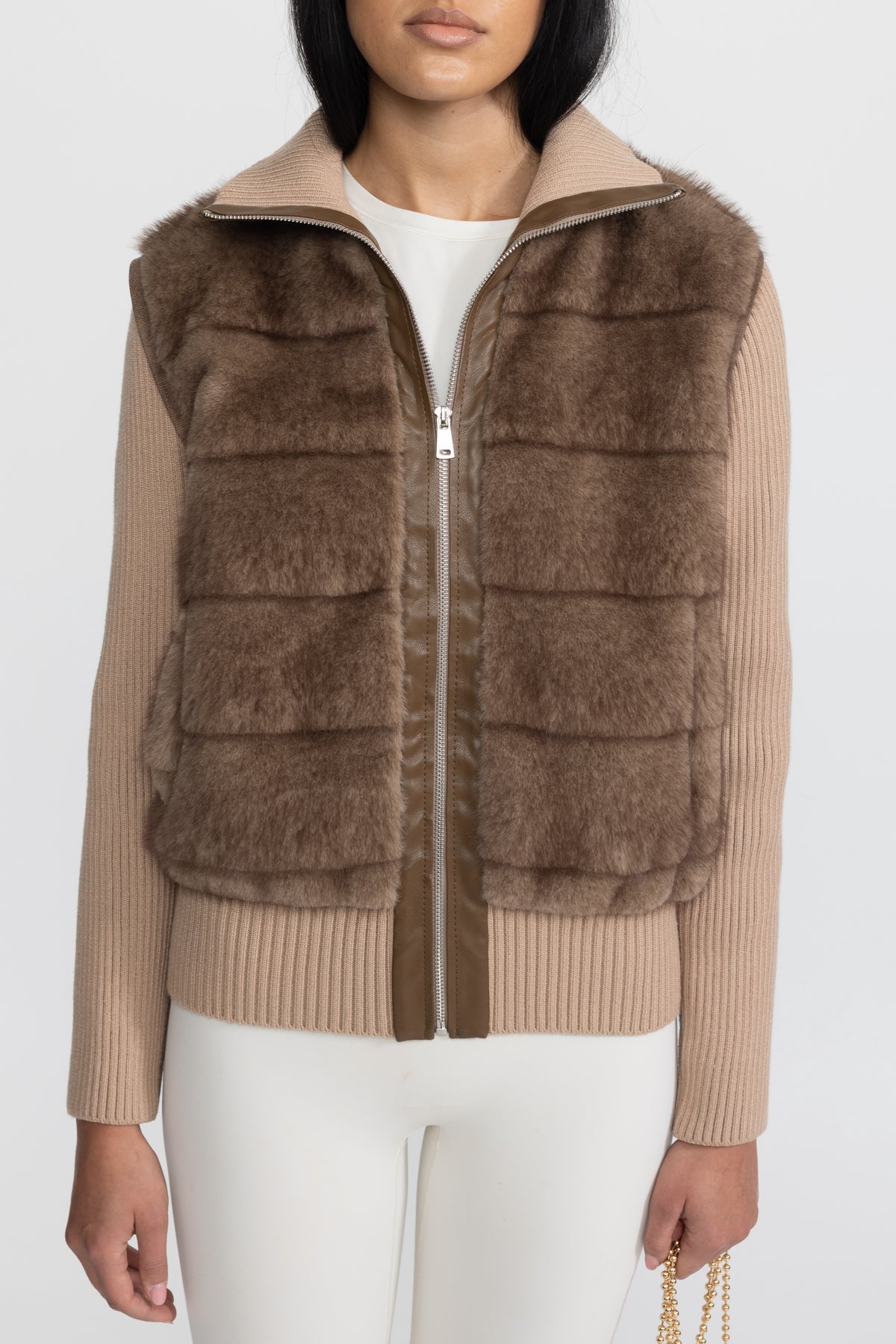 Jachetă cu fermoar și mâneci tricotate Plush Panel - Mocha 