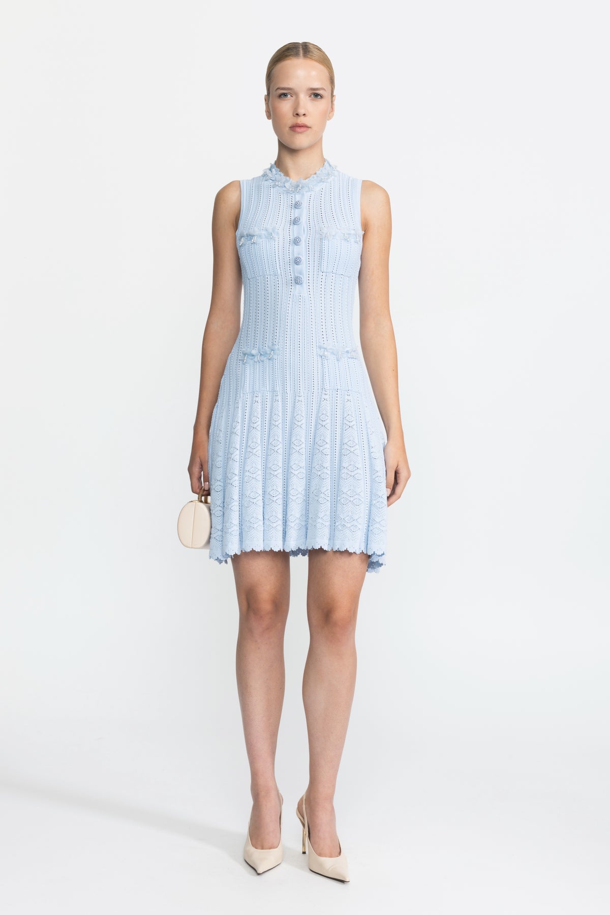 Organza Flower Trim Pointelle Knit Mini Dress - Light Blue