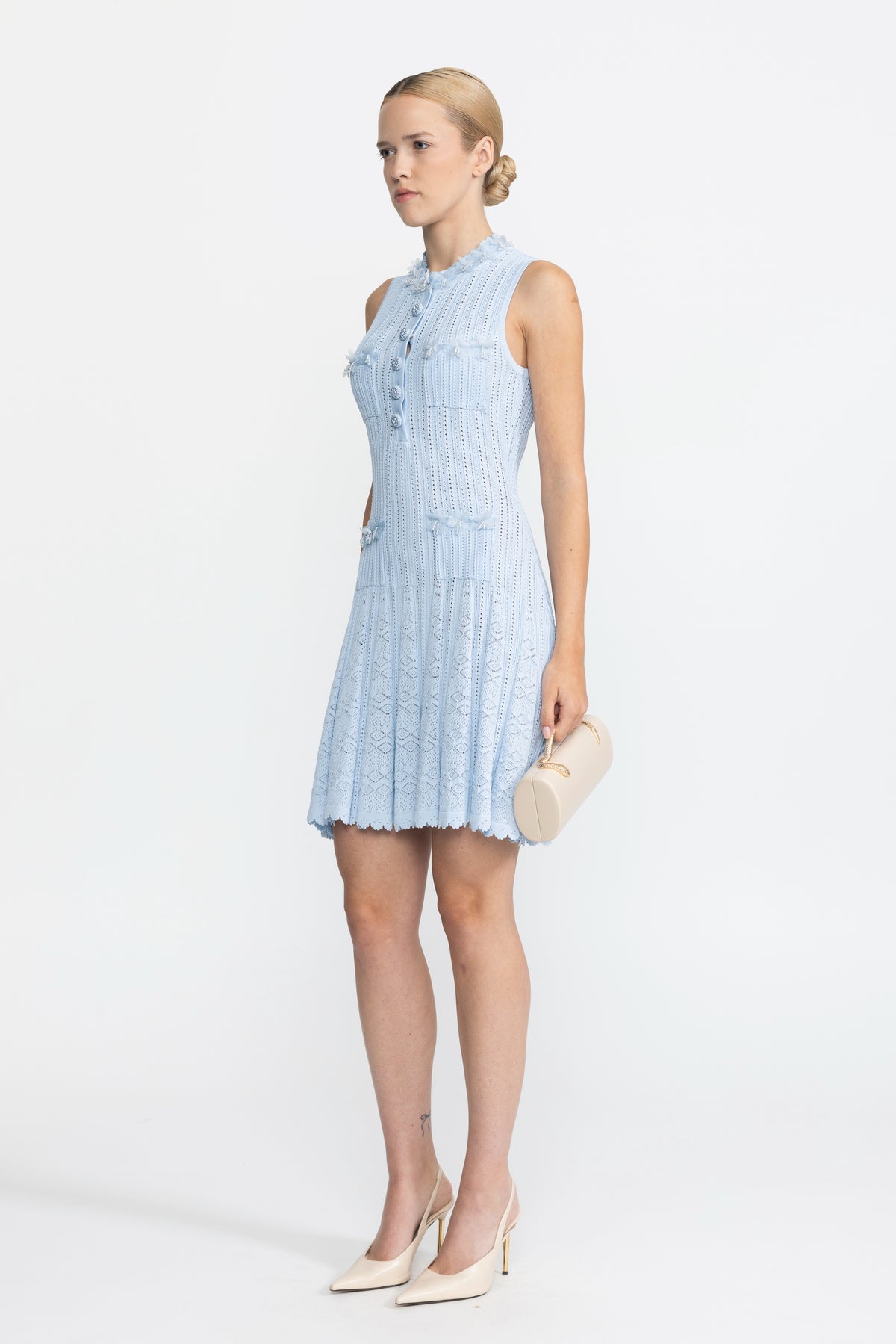 Organza Flower Trim Pointelle Knit Mini Dress - Light Blue