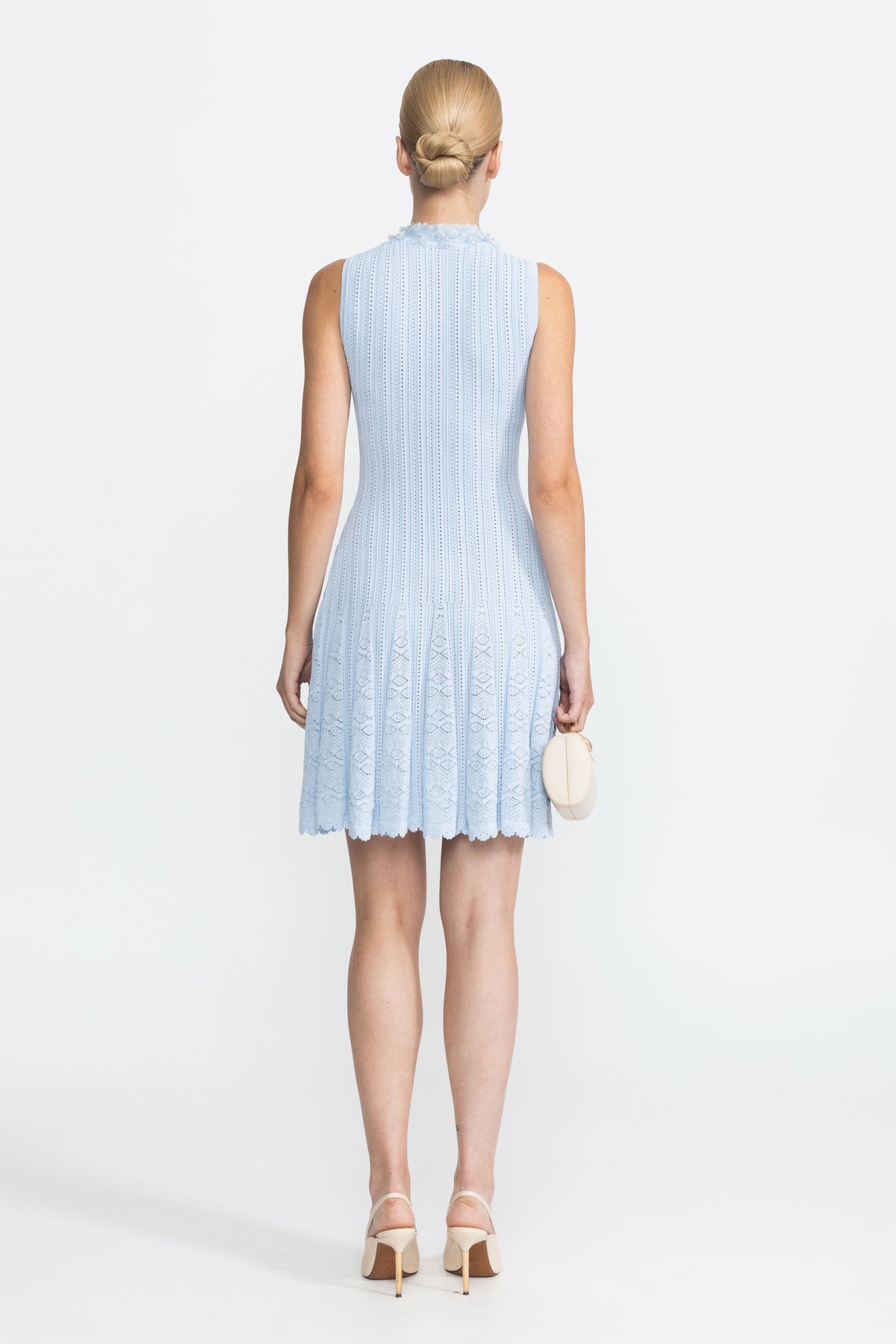 Organza Flower Trim Pointelle Knit Mini Dress - Light Blue