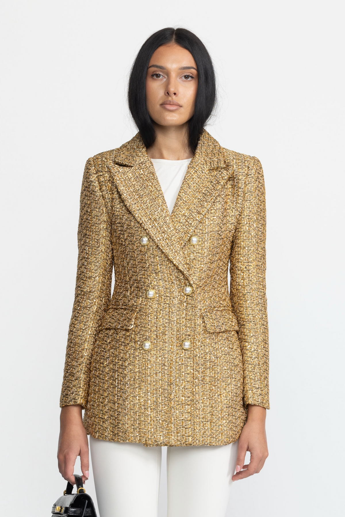 Metallic Tweed Double-Breasted Blazer with Pearl Buttons - Gold