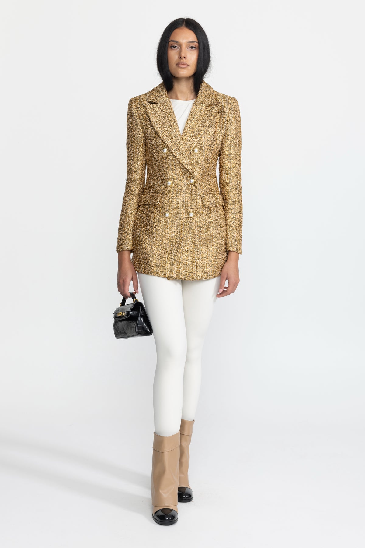 Metallic Tweed Double-Breasted Blazer with Pearl Buttons - Gold