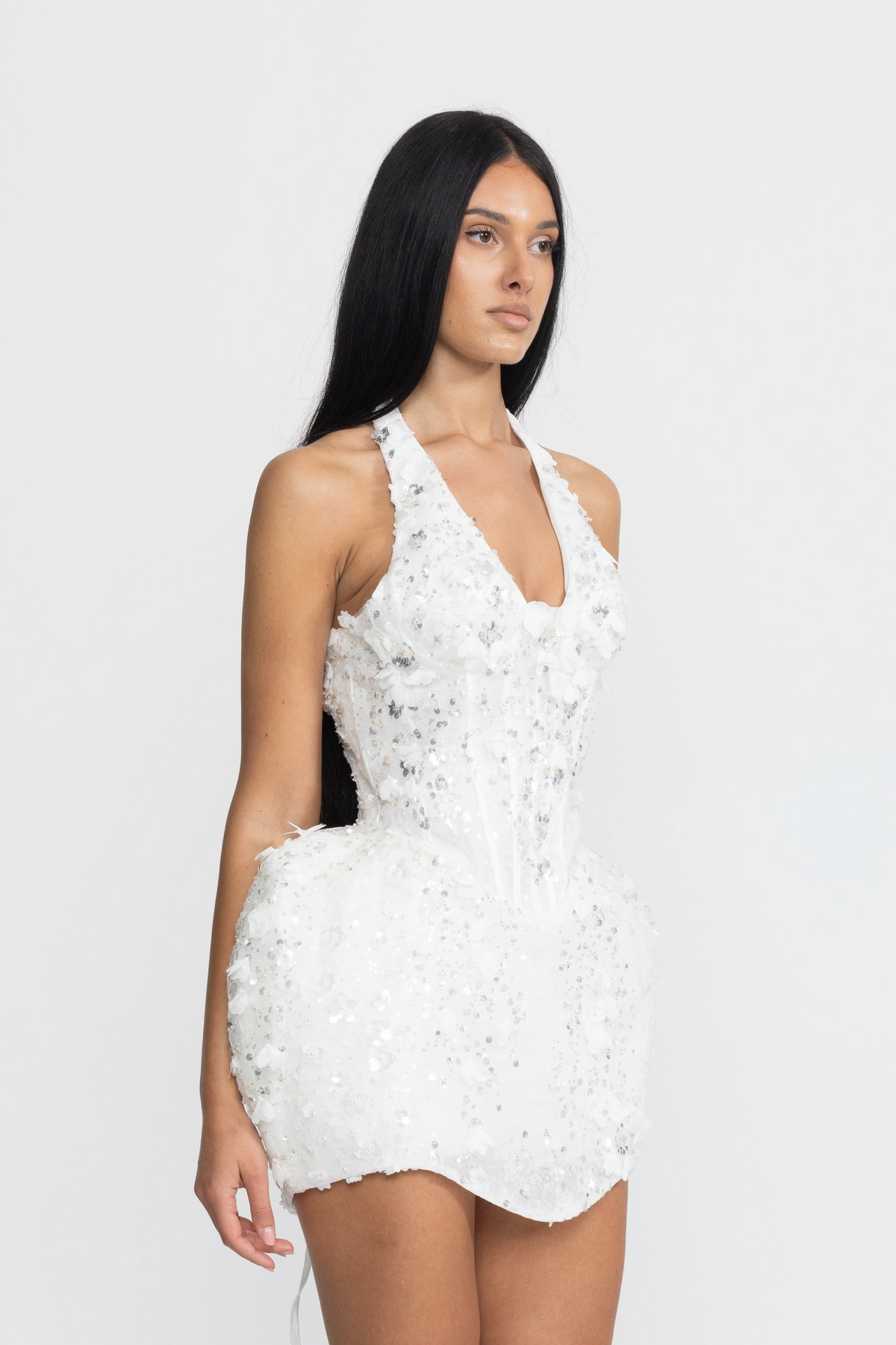 Sequin Flower Halter Corset Bubble Mini Dress - White
