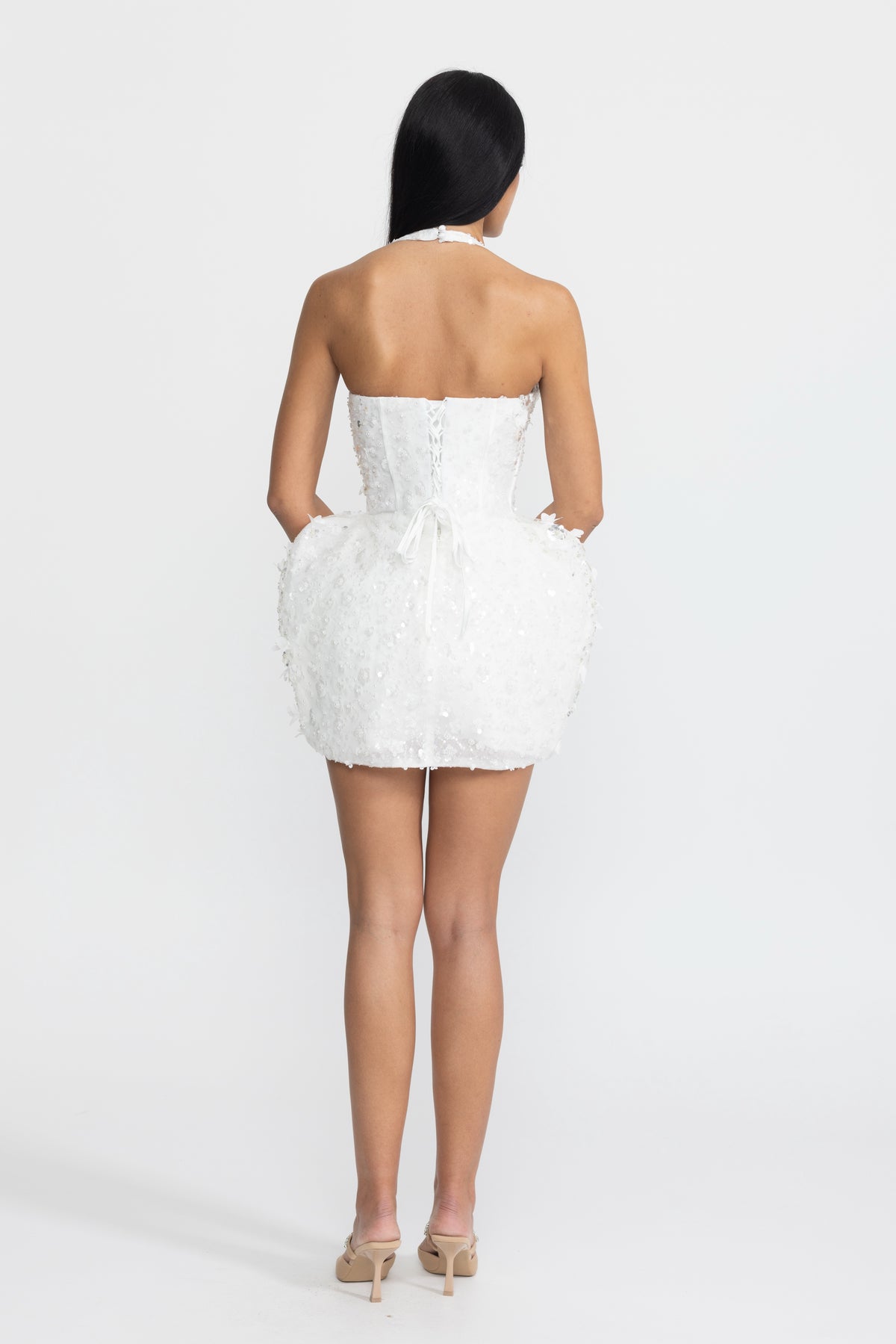 Sequin Flower Halter Corset Bubble Mini Dress - White