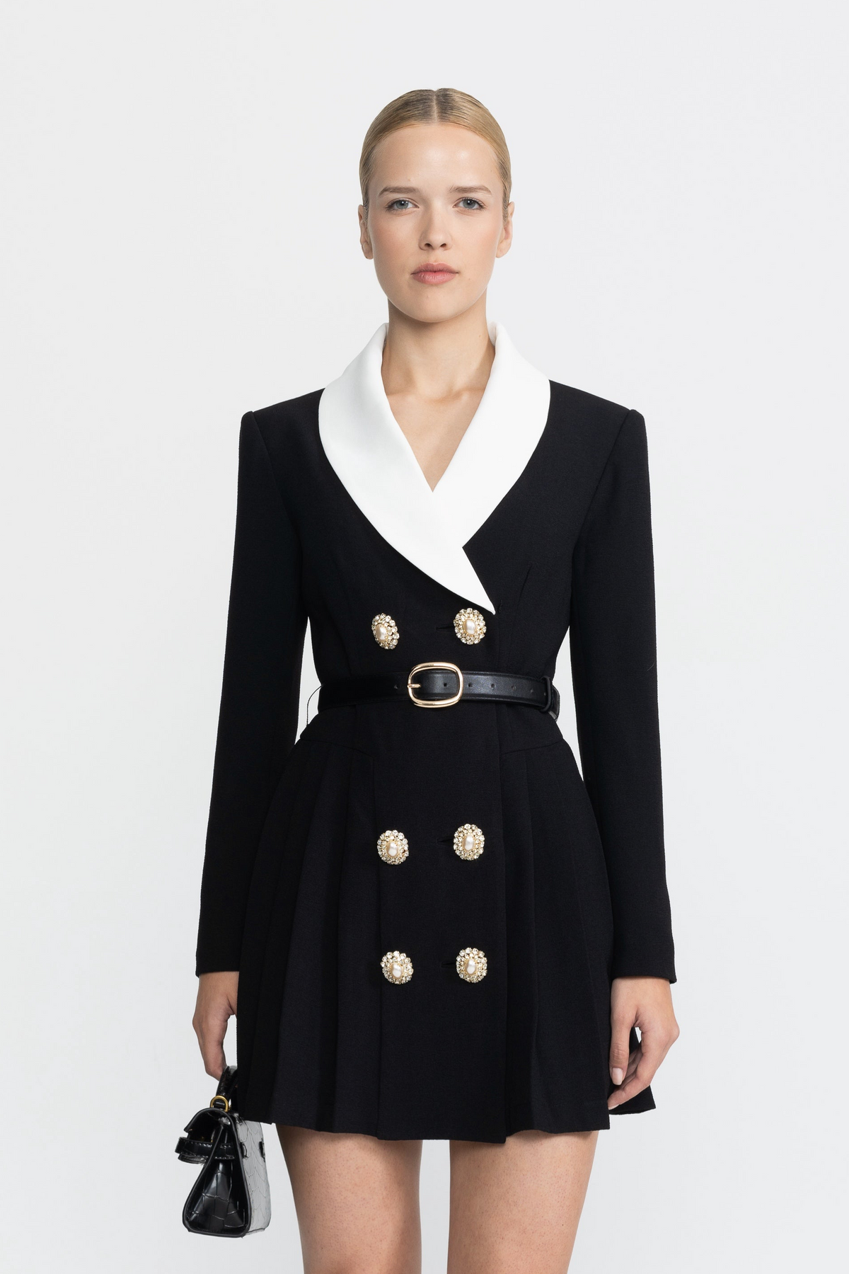 Rochie mini tip blazer cu revere contrastante, cordon și pliuri - Negru 