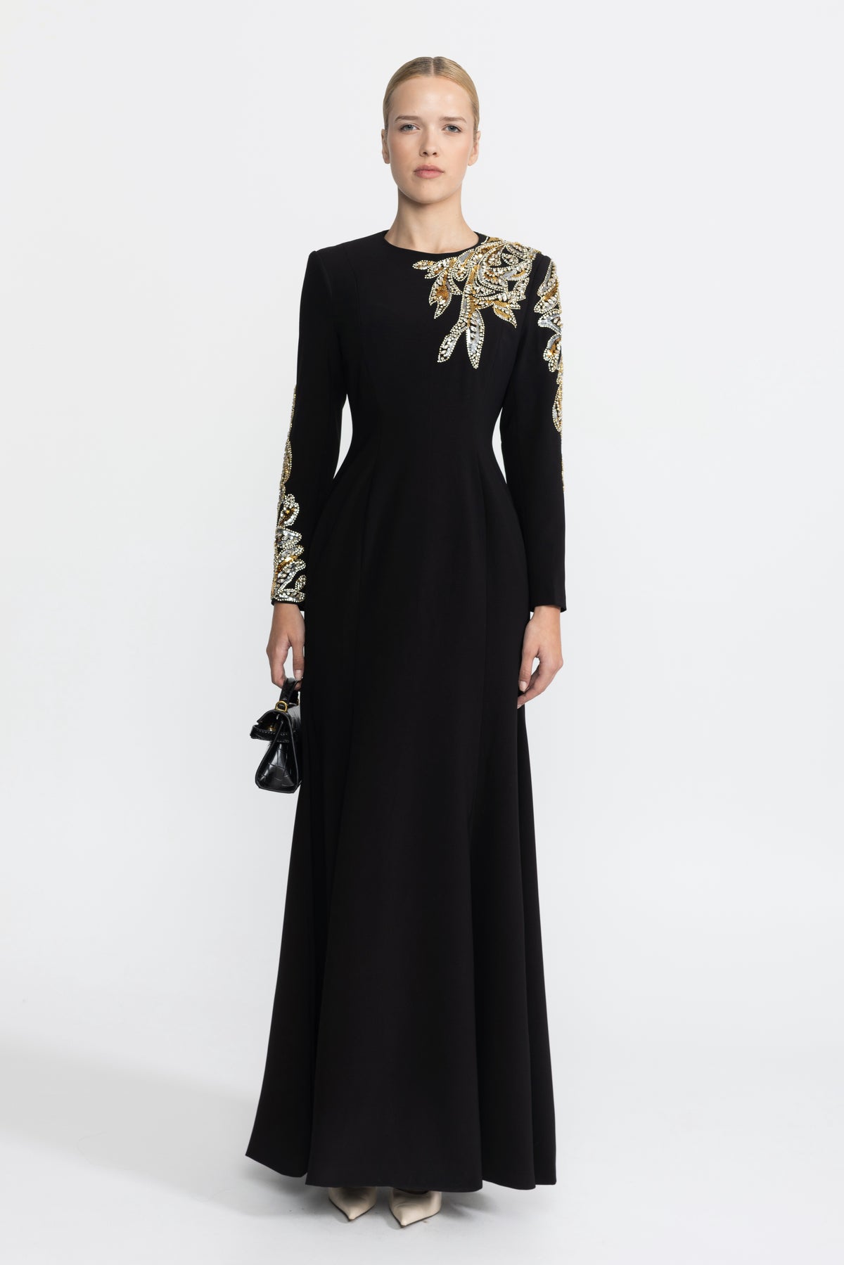 Crystal Leaf Embellished Long Sleeve Maxi Dress - Black