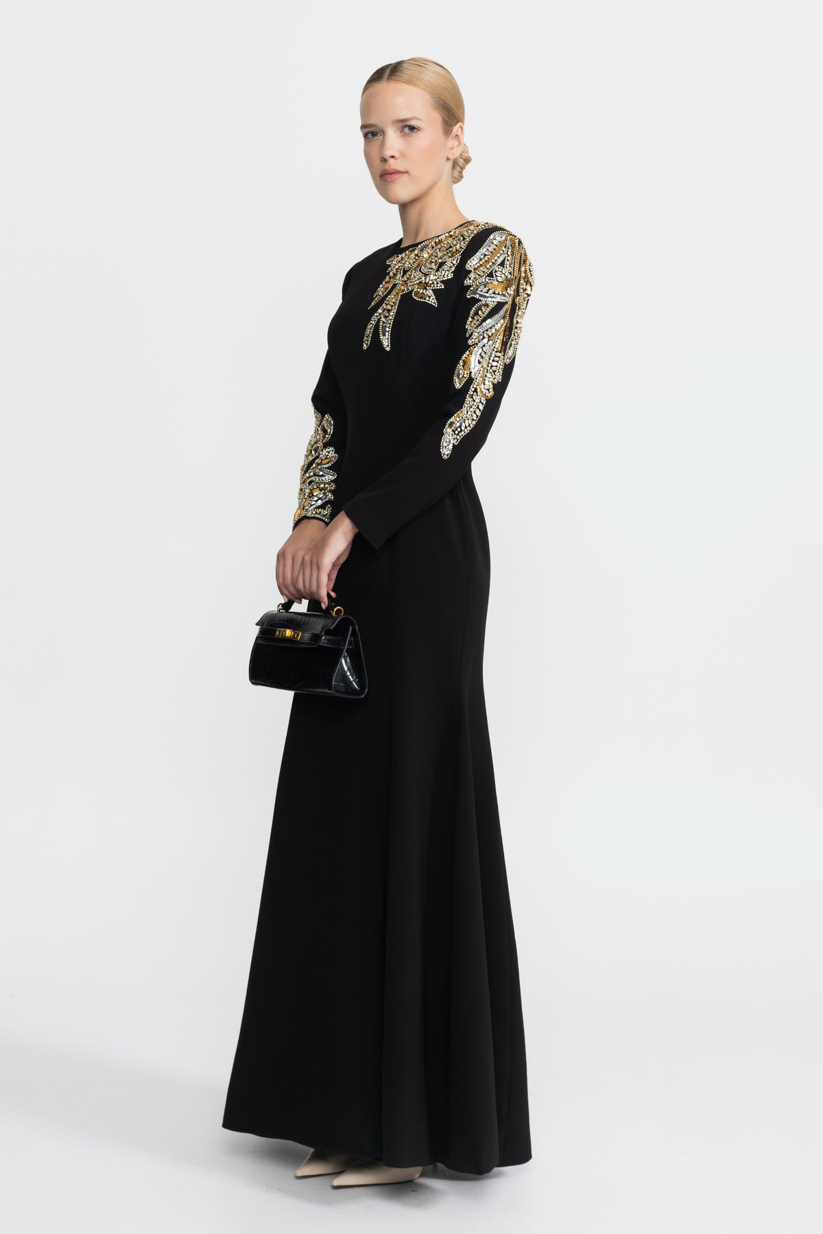 Crystal Leaf Embellished Long Sleeve Maxi Dress - Black