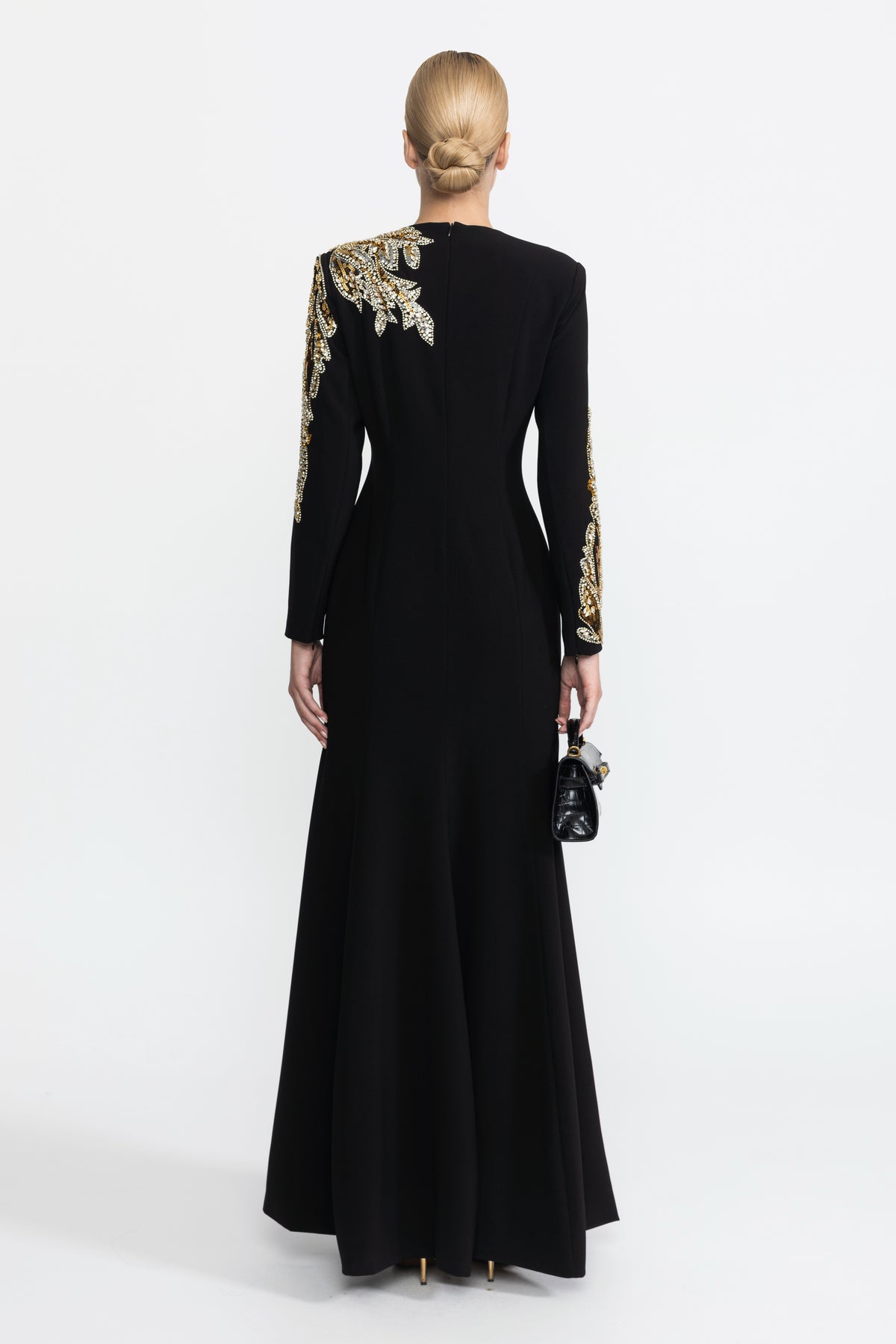 Crystal Leaf Embellished Long Sleeve Maxi Dress - Black