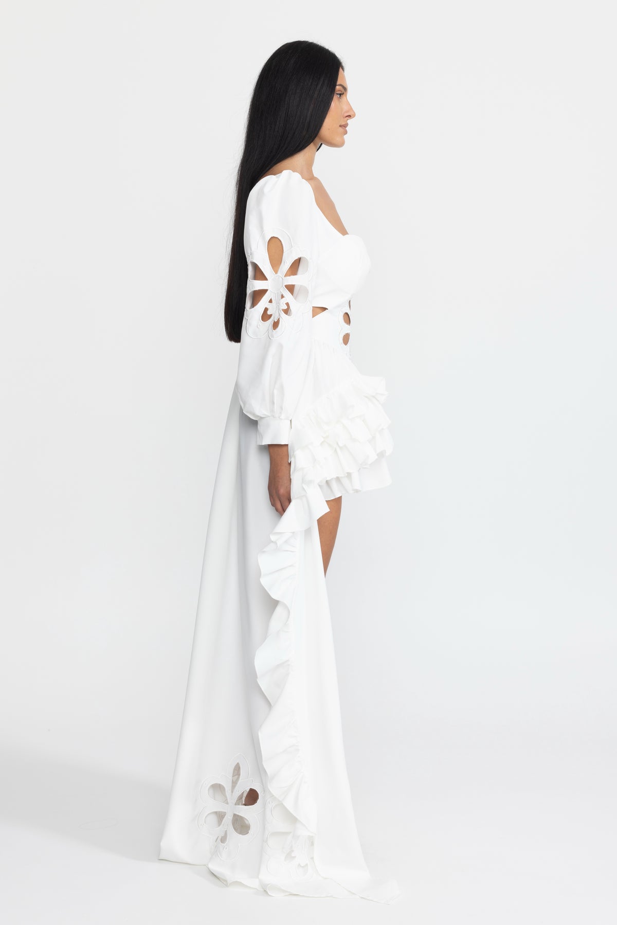 Embroidered Cutout Puff Sleeve High-Low Ruffle Gown - White