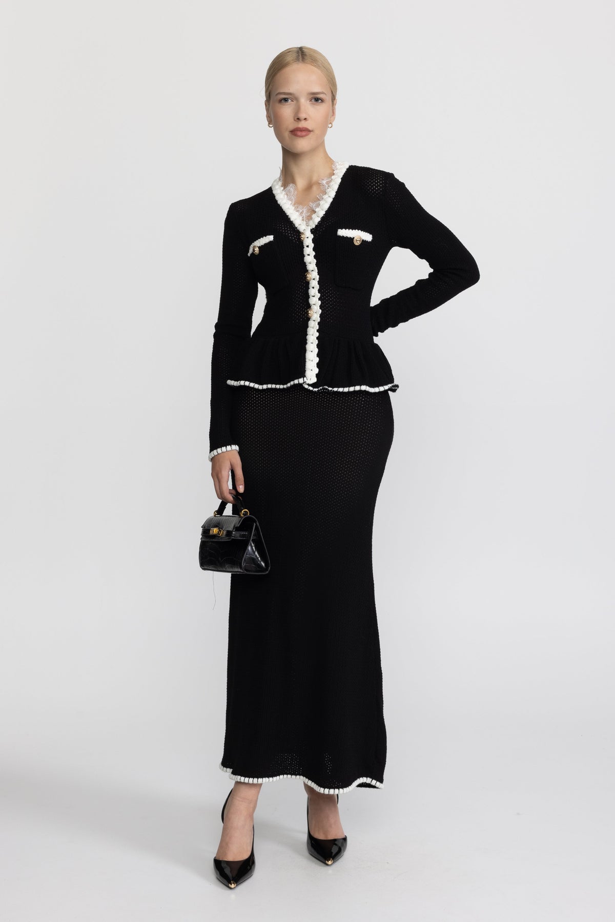 Lace Trim Crochet Knit Peplum Maxi Dress - Black
