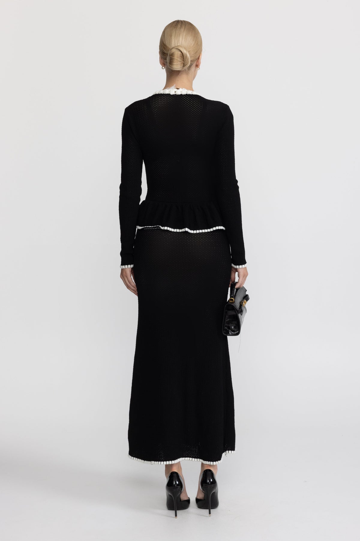 Lace Trim Crochet Knit Peplum Maxi Dress - Black
