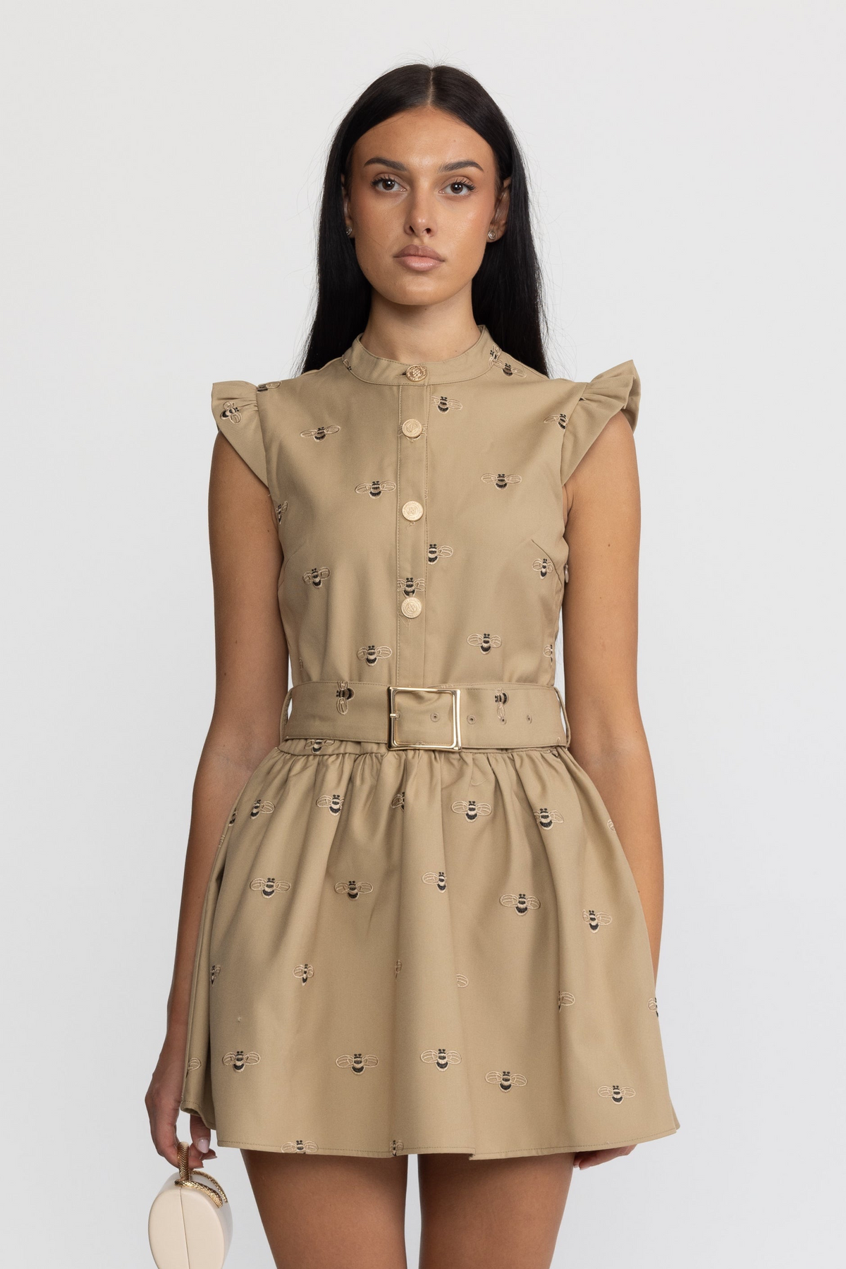 Bee Embroidered Belted Cotton Mini Dress - Khaki