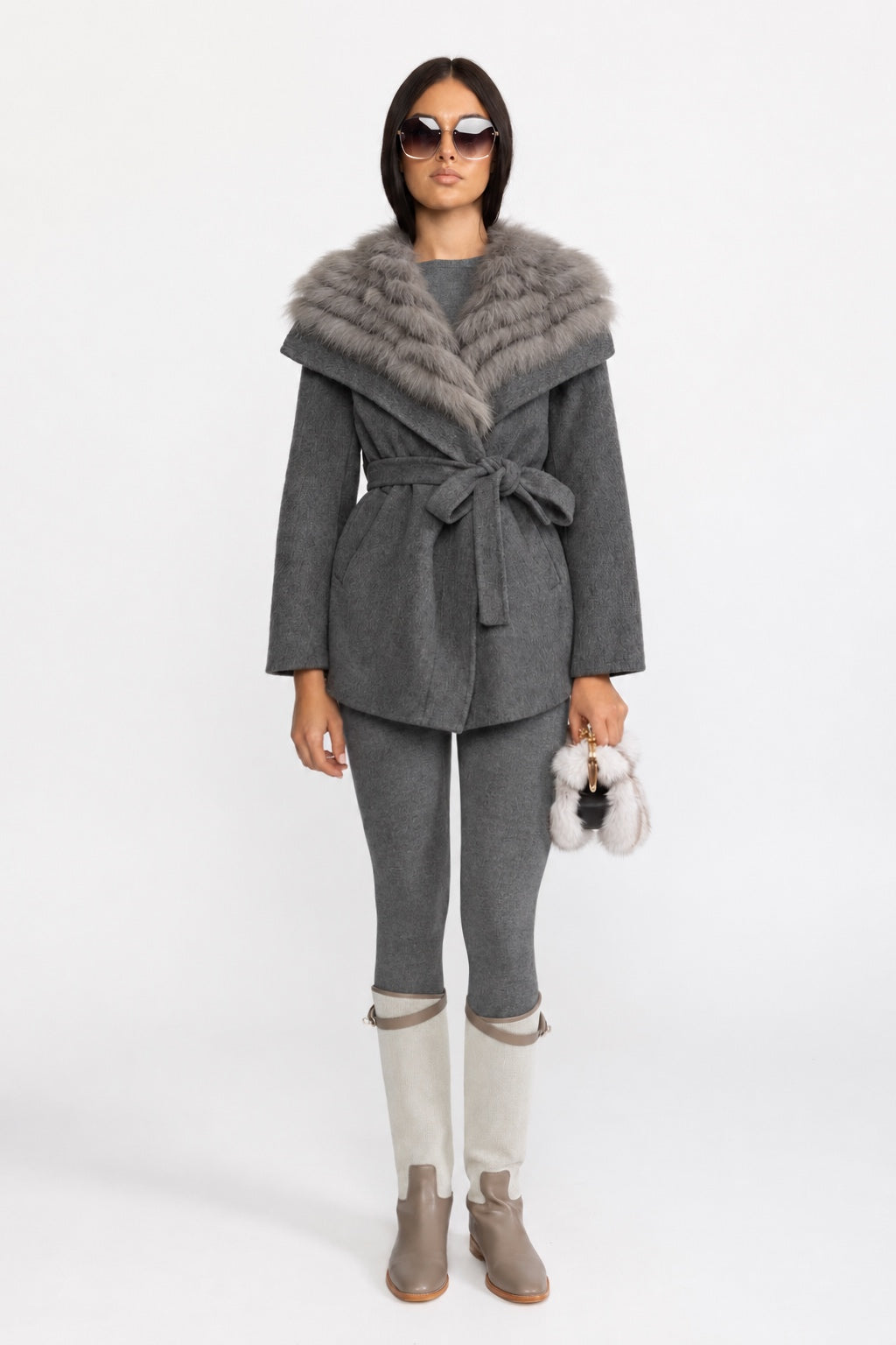 Wool Coat with Oversized Fur Collar And Belt - Gray