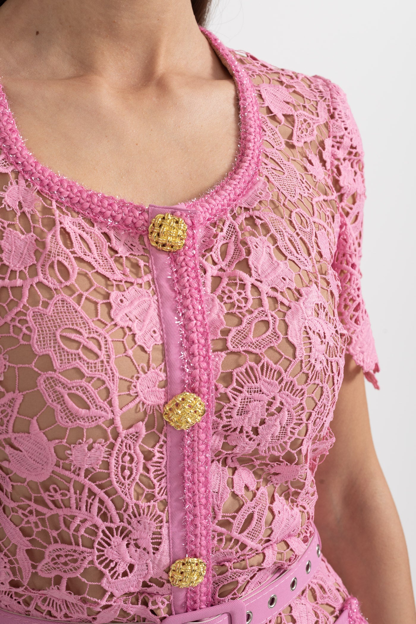 Rochie midi rafinată din dantelă cu mânecă scurtă - Roz 