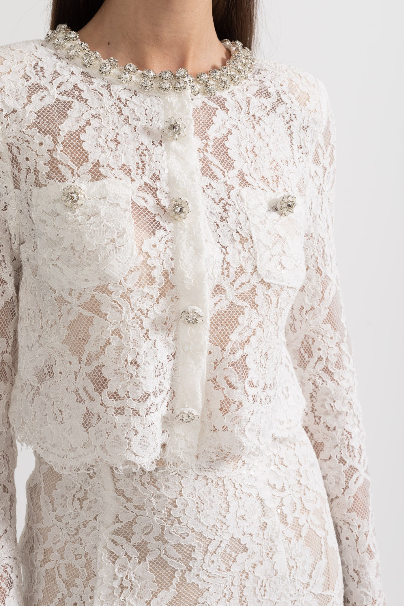 Lace Co-Ord With Sparkling Neckline Embellishments And Midi Skirt - White