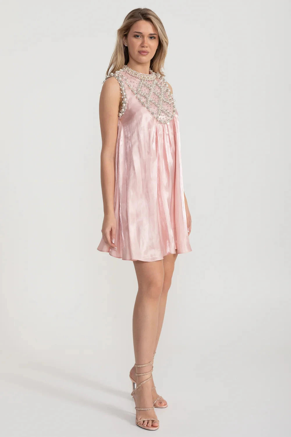 Elegant A-Line Sleeveless Dress With Intricate Pearl And Crystal Embellishments - Pink